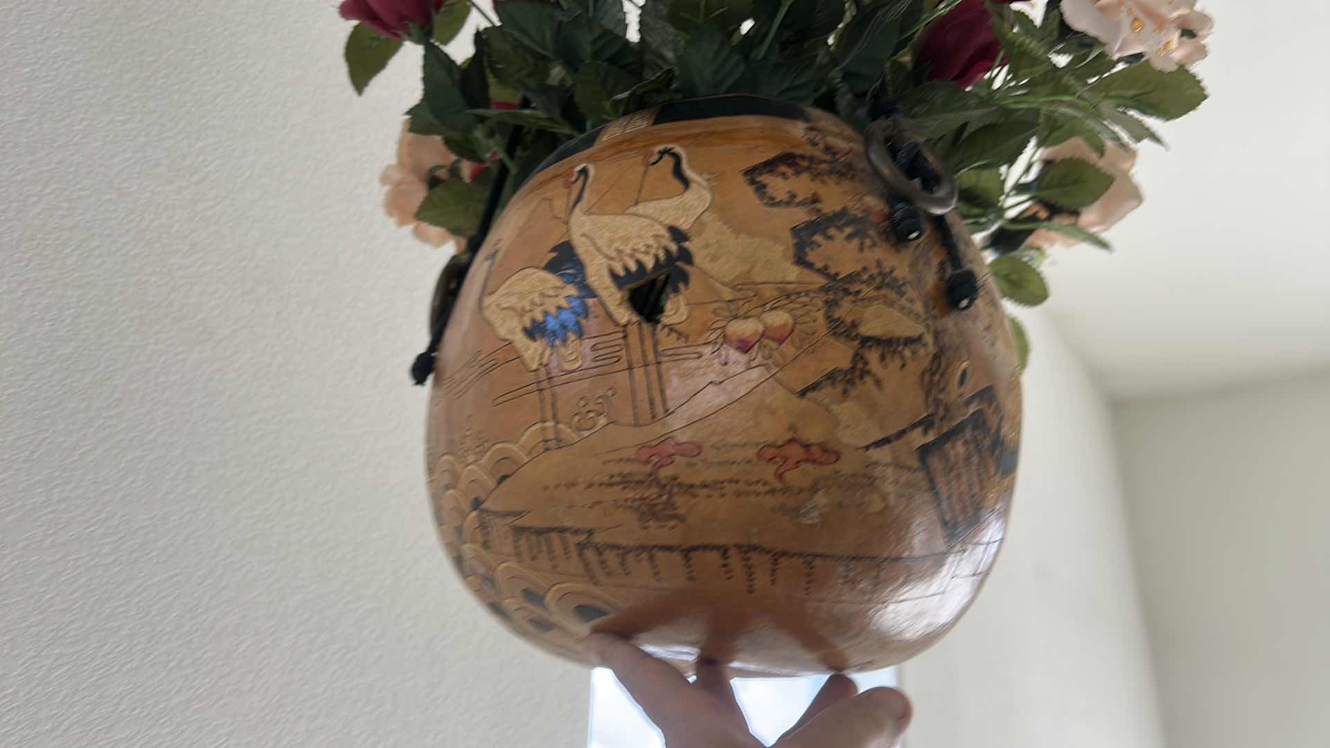 Photo 1 of LARGE HAND-PAINTED HANGING GOURD WITH FAUX FLOWERS EST 6’