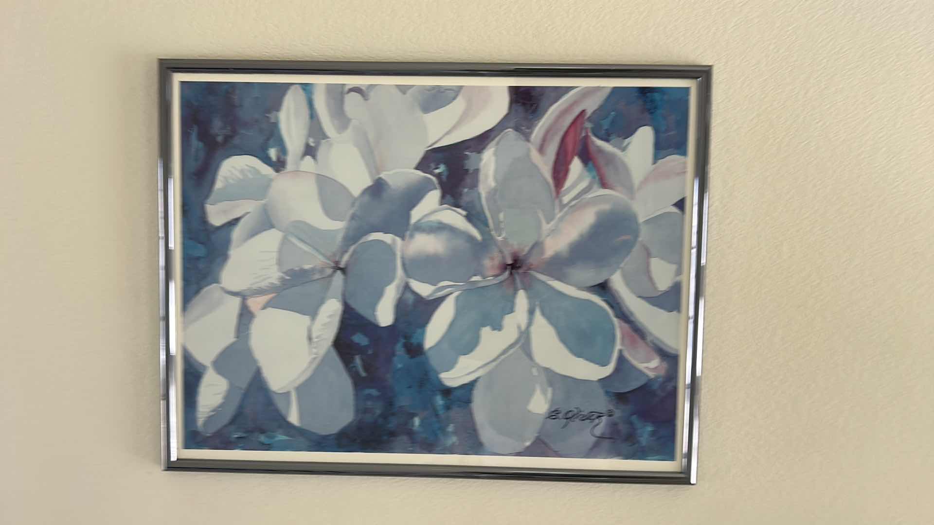 Photo 1 of FRAMED BLUE FLORAL SIGNED ARTWORK 27“ x H21“