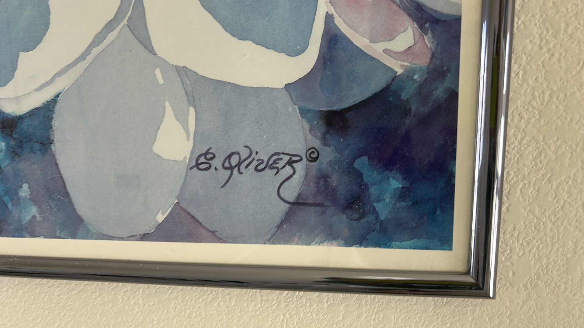 Photo 3 of FRAMED BLUE FLORAL SIGNED ARTWORK 27“ x H21“