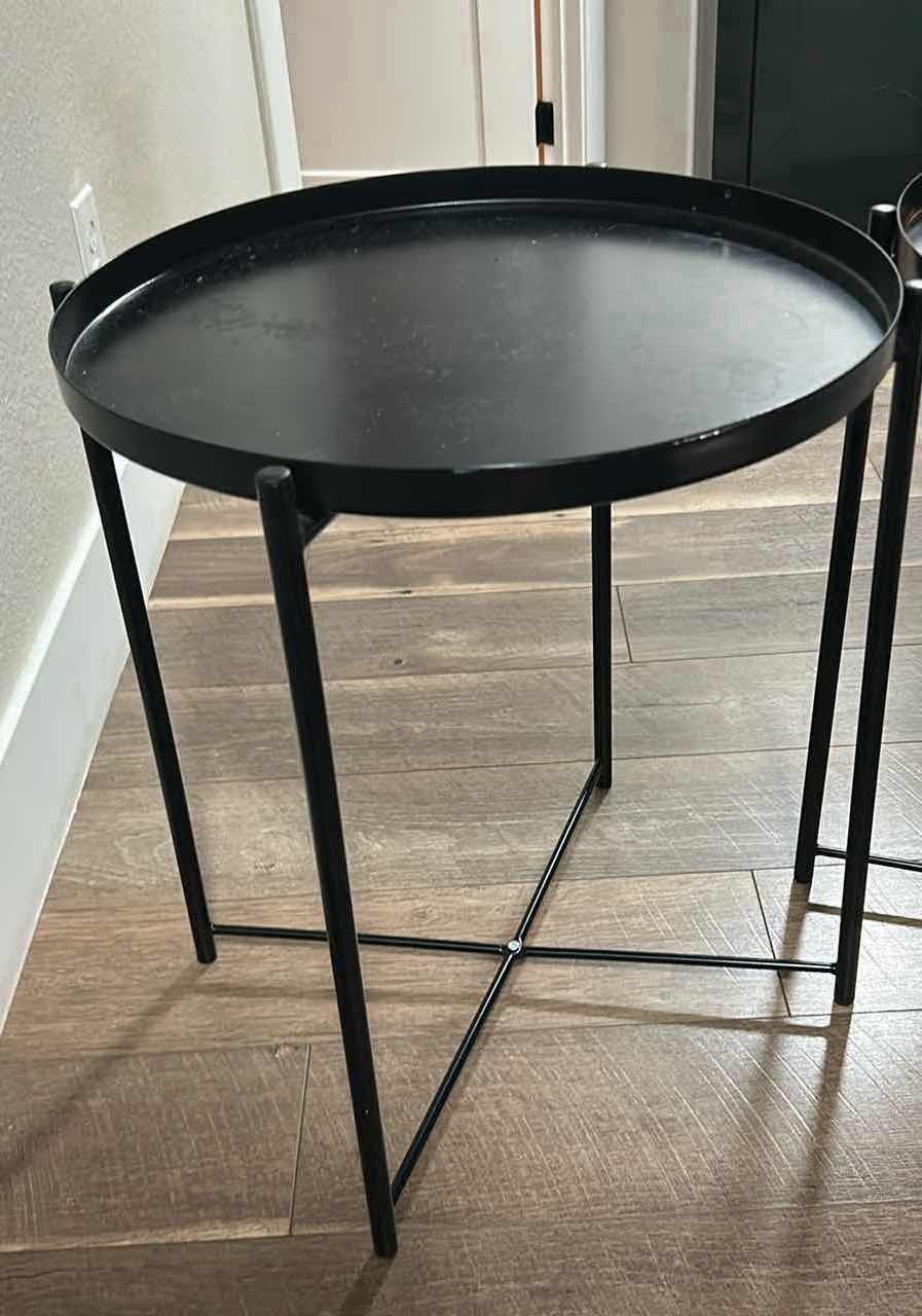 Photo 1 of 2- BLACK ROUND METAL SIDE TABLES  17” DIAMETER H 20”