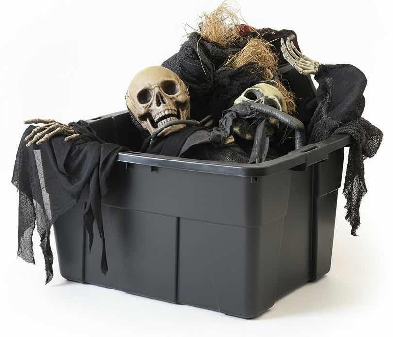 Photo 1 of HALLOWEEN DECORATIONS -TOTE WITH 2 LIFE SIZE SKELETONS, BALL AND CHAIN, GLASS BOTTLE SKELETON AND BABY BUGGY