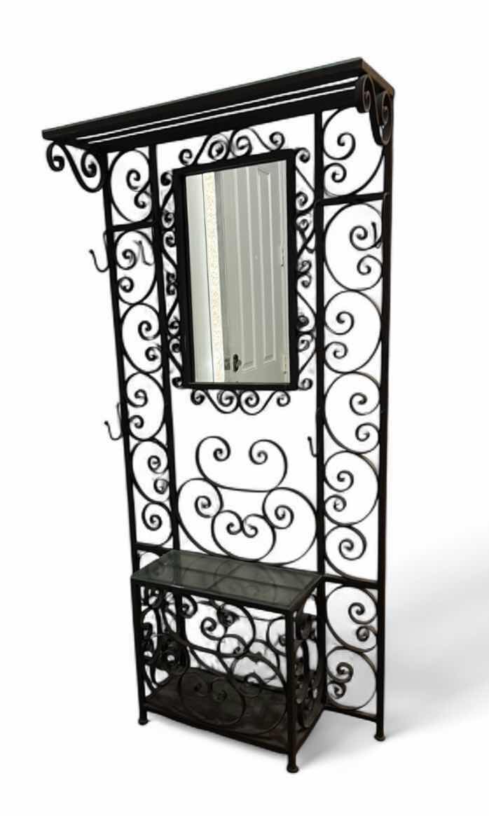 Photo 1 of FRENCH ART DECO WROUGHT IRON HALL TREE WITH MIRROR AND GLASS SHELVES  3’ X 1’ X H6’5”