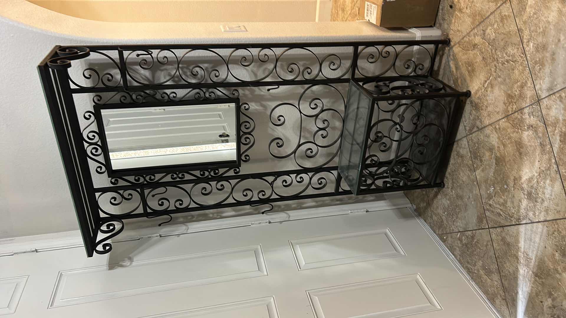 Photo 1 of FRENCH ART DECO WROUGHT IRON HALL TREE WITH MIRROR AND GLASS SHELVES  3’ X 1’ X H6’5”