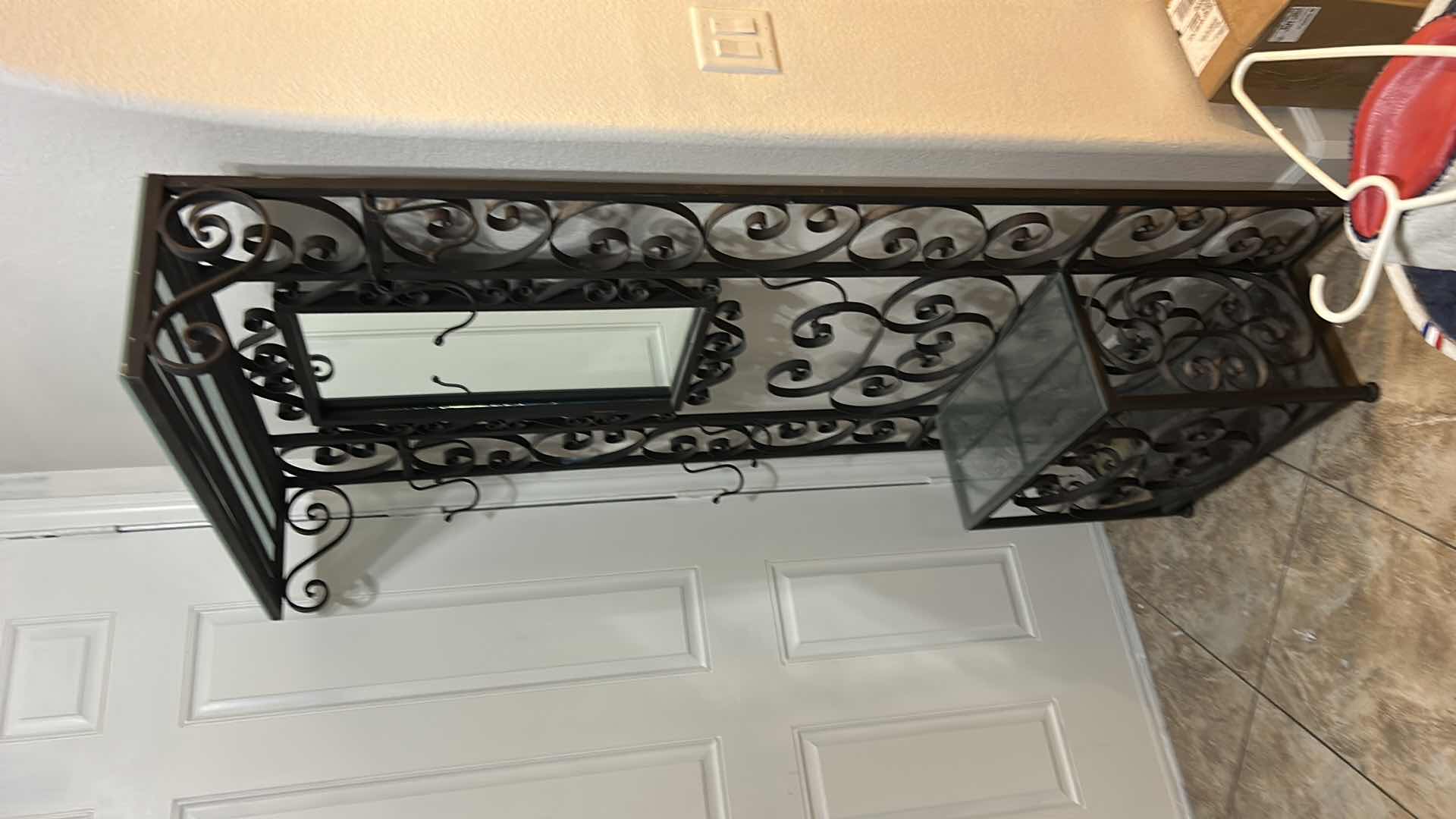 Photo 1 of FRENCH ART DECO WROUGHT IRON HALL TREE WITH MIRROR AND GLASS SHELVES  3’ X 1’ X H6’5”