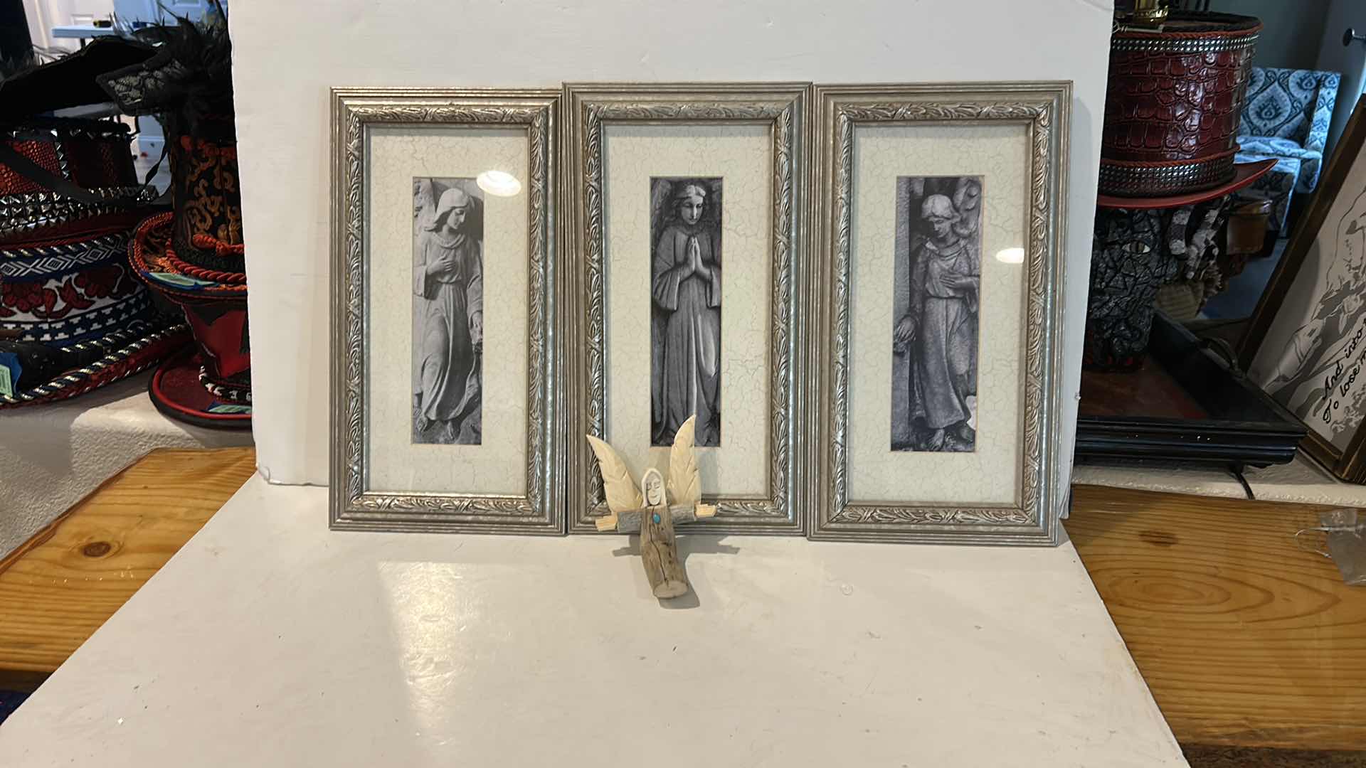 Photo 1 of 3 FRAMED ANGEL PRINT ARTWORK 8 1/2” x H 15 1/4” & HANDMADE WOOD ANGEL