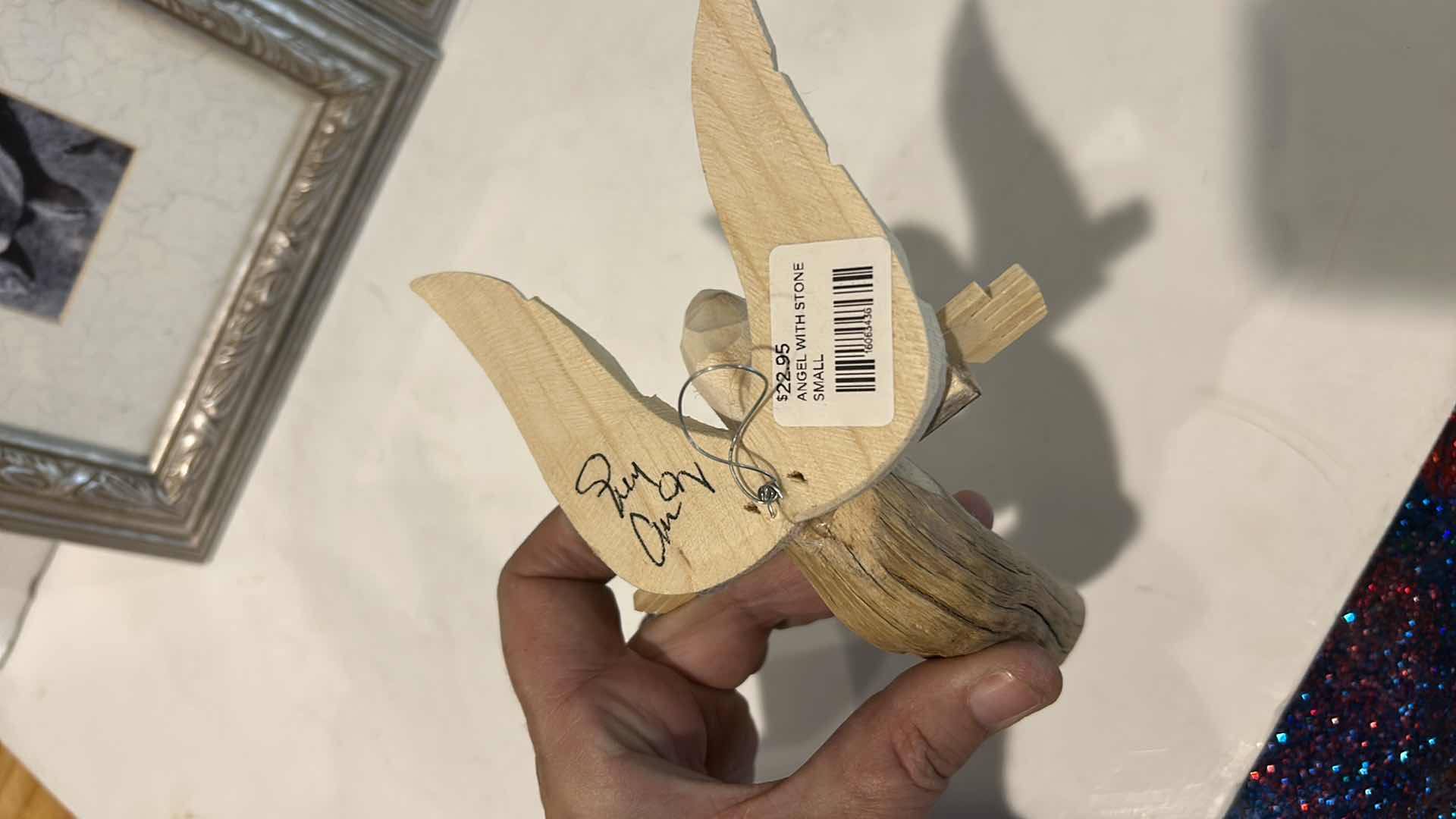 Photo 1 of 3 FRAMED ANGEL PRINT ARTWORK 8 1/2” x H 15 1/4” & HANDMADE WOOD ANGEL