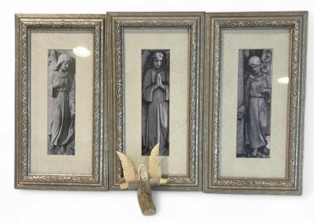 Photo 1 of 3 FRAMED ANGEL PRINT ARTWORK 8 1/2” x H 15 1/4” & HANDMADE WOOD ANGEL