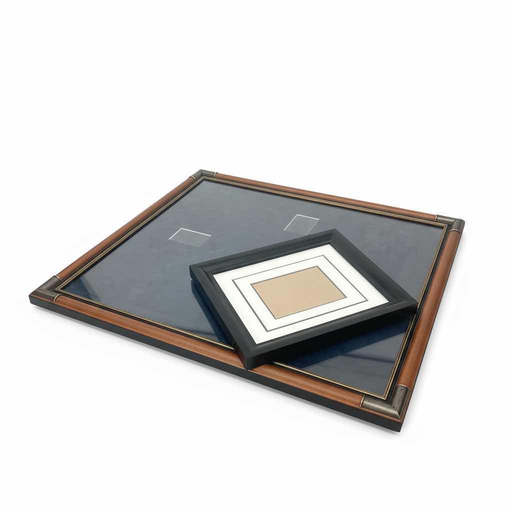 Photo 1 of 2 ARTWORK FRAMES - 1 CUSTOM WOOD & METAL WITH ONE CUTOUT FOR CARD OR ENGRAVED PLATE (3’ x 30”) BLACK MATTED FRAME 17” x H14”