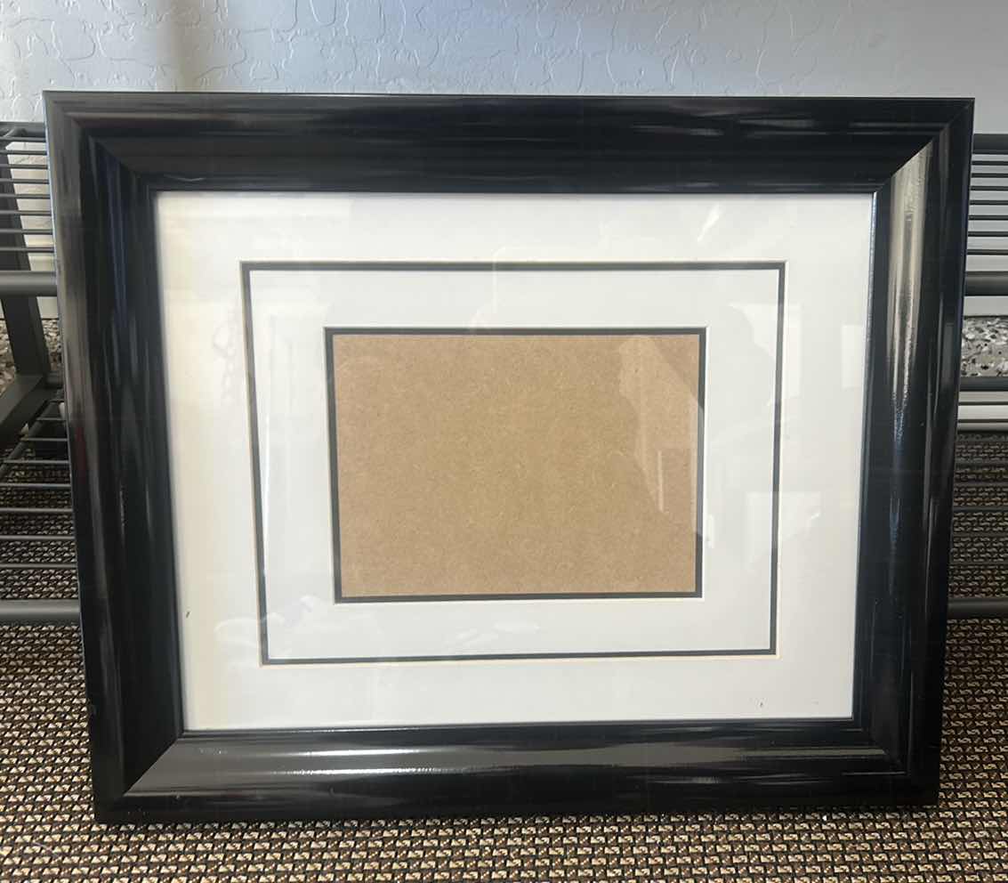 Photo 1 of 2 ARTWORK FRAMES - 1 CUSTOM WOOD & METAL WITH ONE CUTOUT FOR CARD OR ENGRAVED PLATE (3’ x 30”) BLACK MATTED FRAME 17” x H14”