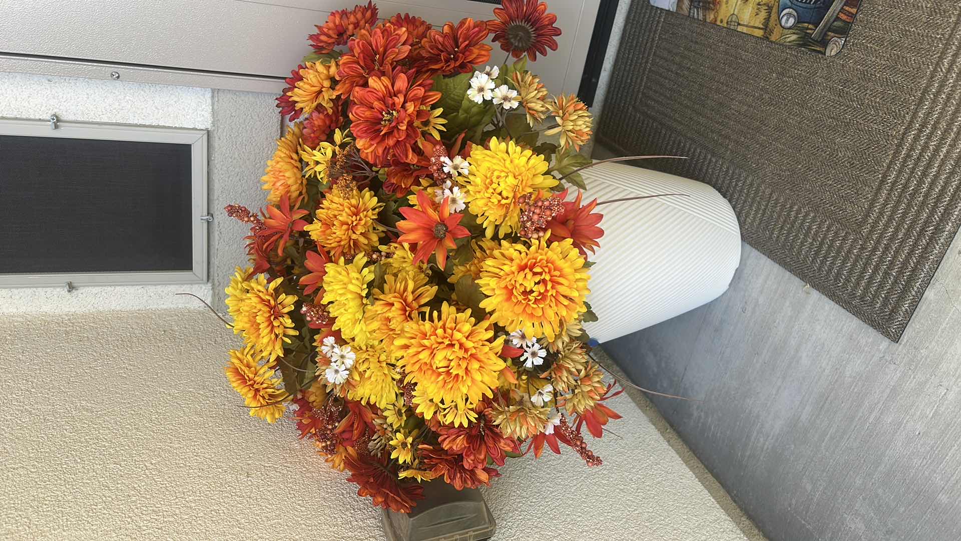 Photo 1 of 2 OUTDOOR FAUX FALL FLORAL ARRANGEMENTS H27” (POTS ARE HARD PLASTIC) AND  2 SCARECROWS H17”