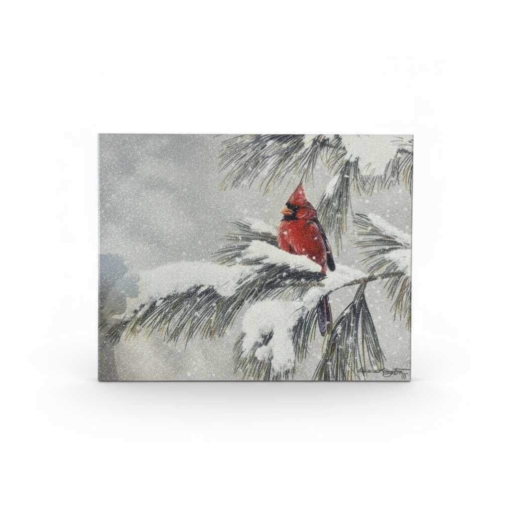 Photo 1 of STRETCHED CANVAS, WINTER CARDINAL GLITTERY ARTWORK 14” x H11 1/2” AND PRECIOUS MOMENTS ANGEL WITH BIRD
