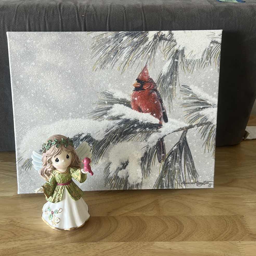 Photo 1 of STRETCHED CANVAS, WINTER CARDINAL GLITTERY ARTWORK 14” x H11 1/2” AND PRECIOUS MOMENTS ANGEL WITH BIRD