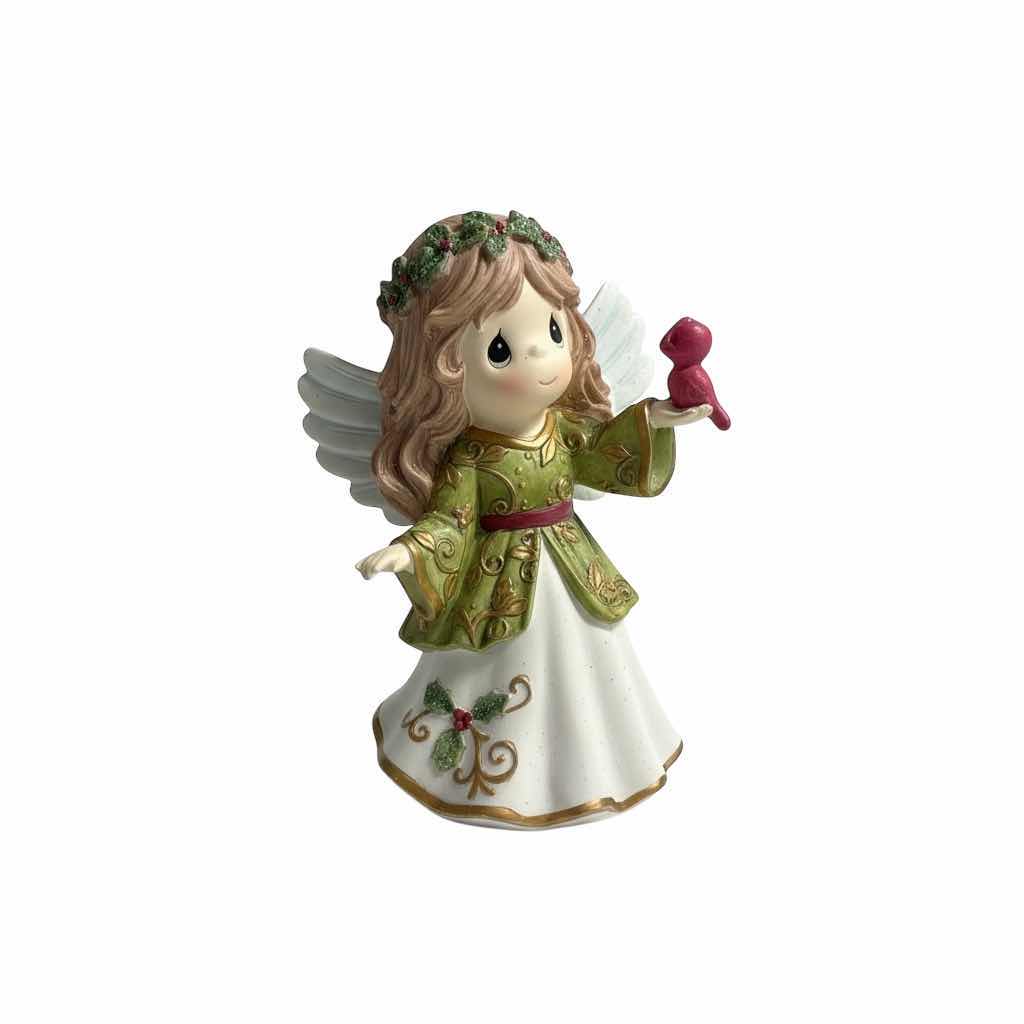 Photo 1 of STRETCHED CANVAS, WINTER CARDINAL GLITTERY ARTWORK 14” x H11 1/2” AND PRECIOUS MOMENTS ANGEL WITH BIRD