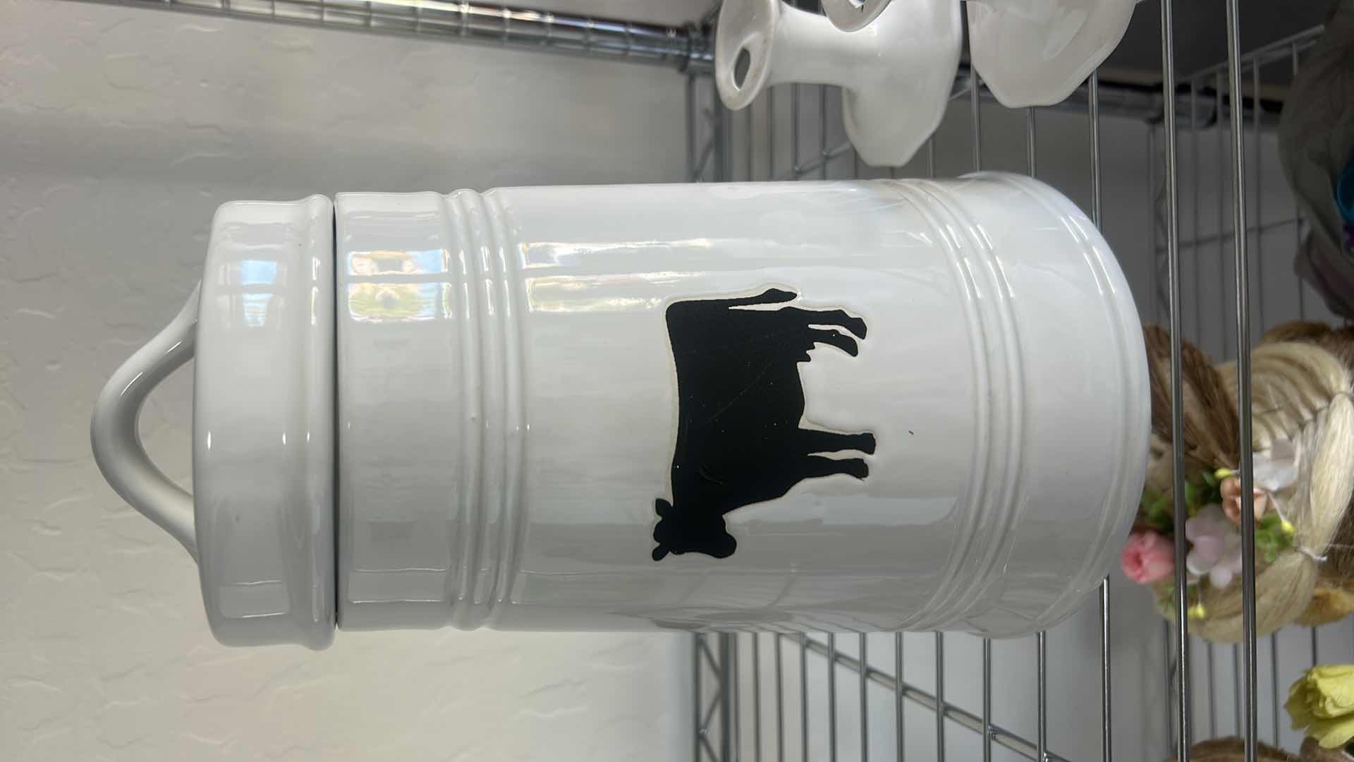 Photo 1 of WHITE PORCELAIN LIDDED COW CANISTER H12” & 2 CANDLE HOLDERS