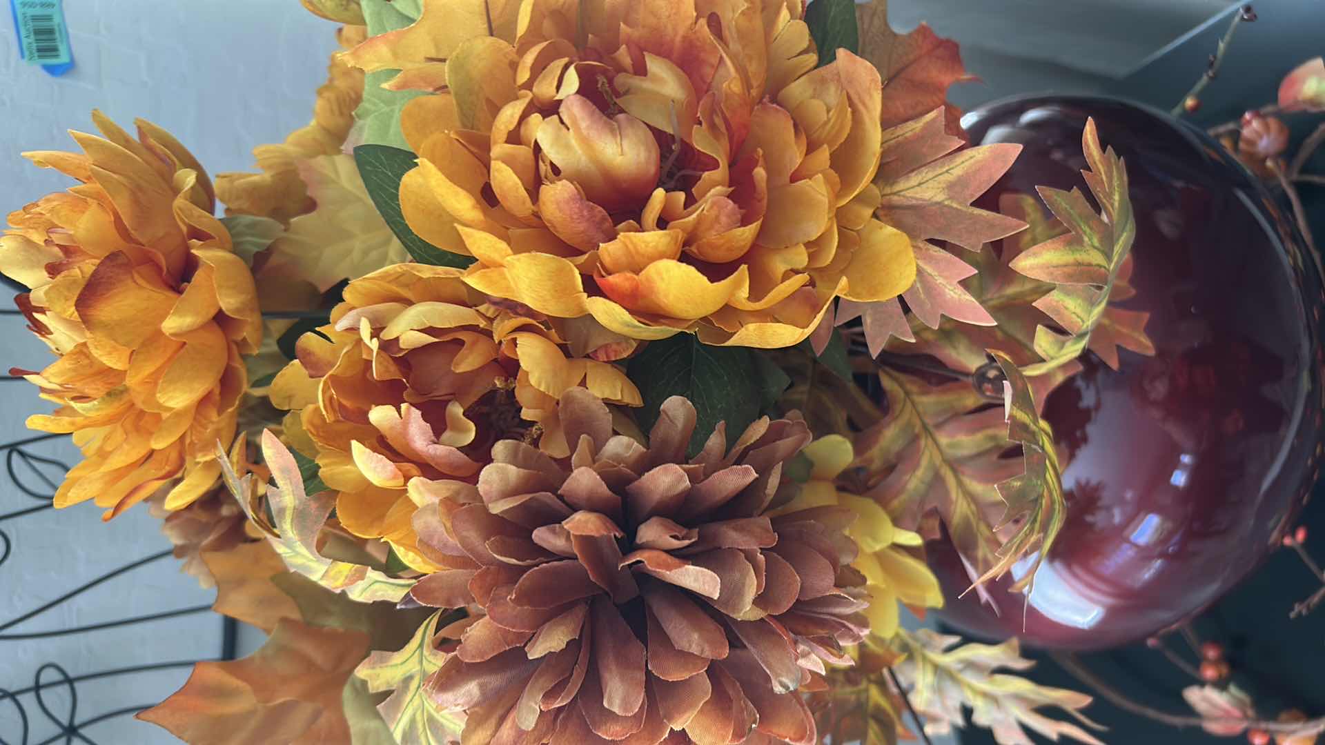 Photo 1 of RED GLOSSY VASE W FAUX AUTUMN FLOWERS H 27"