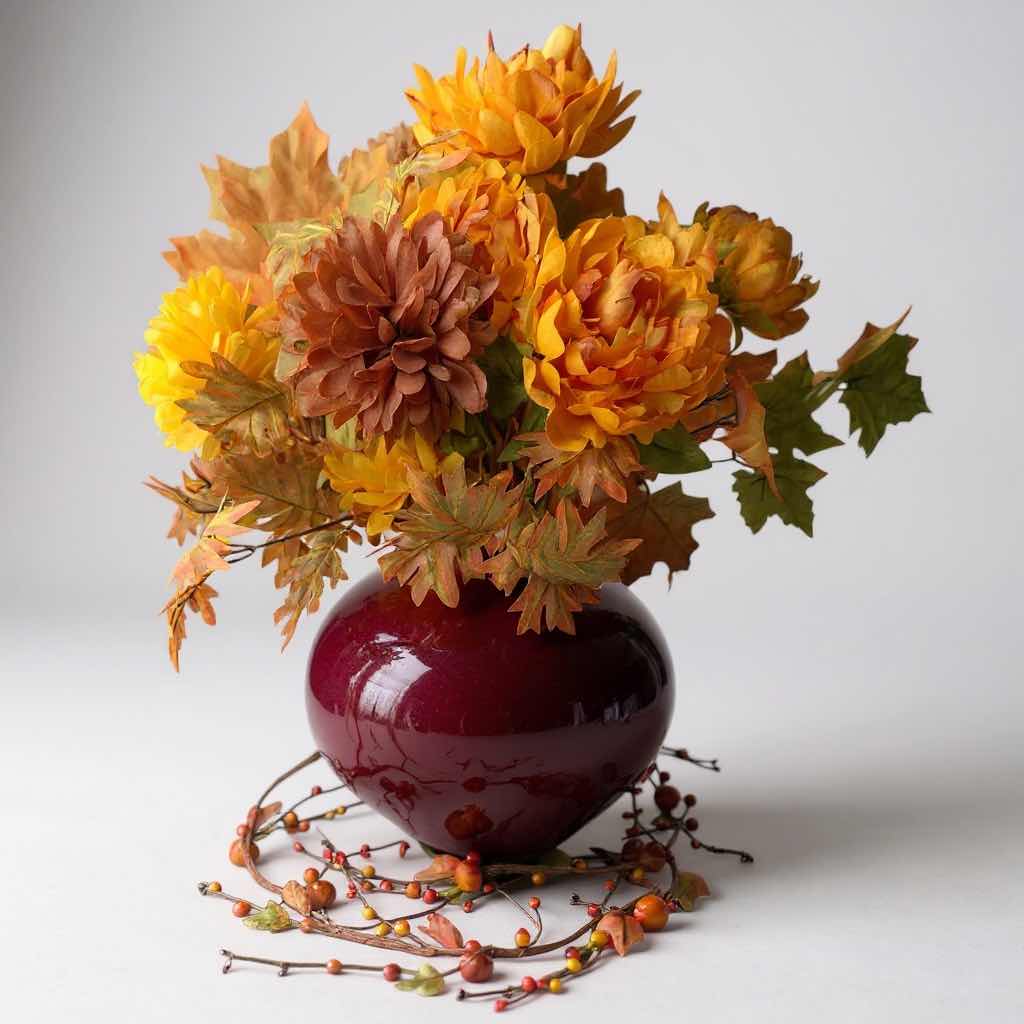 Photo 1 of RED GLOSSY VASE W FAUX AUTUMN FLOWERS H 27"