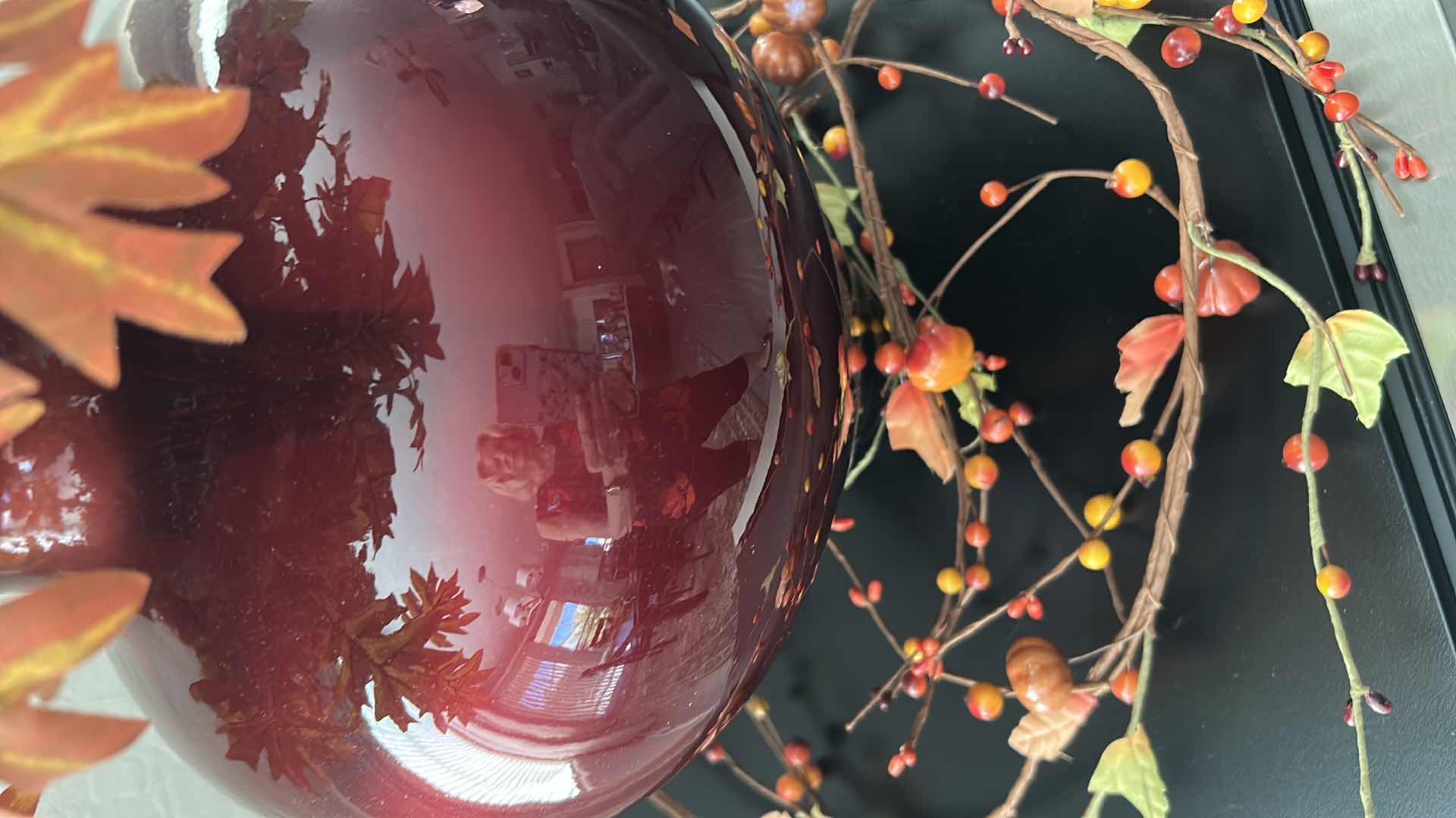 Photo 1 of RED GLOSSY VASE W FAUX AUTUMN FLOWERS H 27"