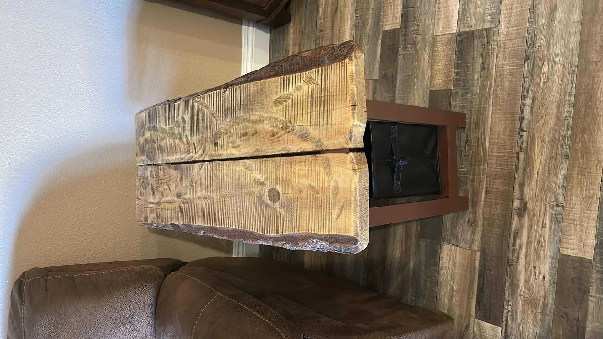 Photo 1 of 3 PC WOOD TABLE 11 1/4“ x 23 1/2“ x H24“ WITH RUSTIC RAW WOOD TOPPER AND STORAGE