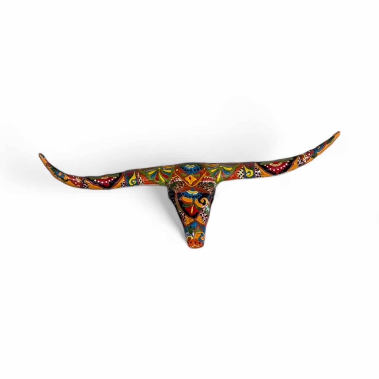 Photo 1 of DECORATIVE LONGHORN SKULL, TALAVERA, MEXIAN FOLK ART  W38”