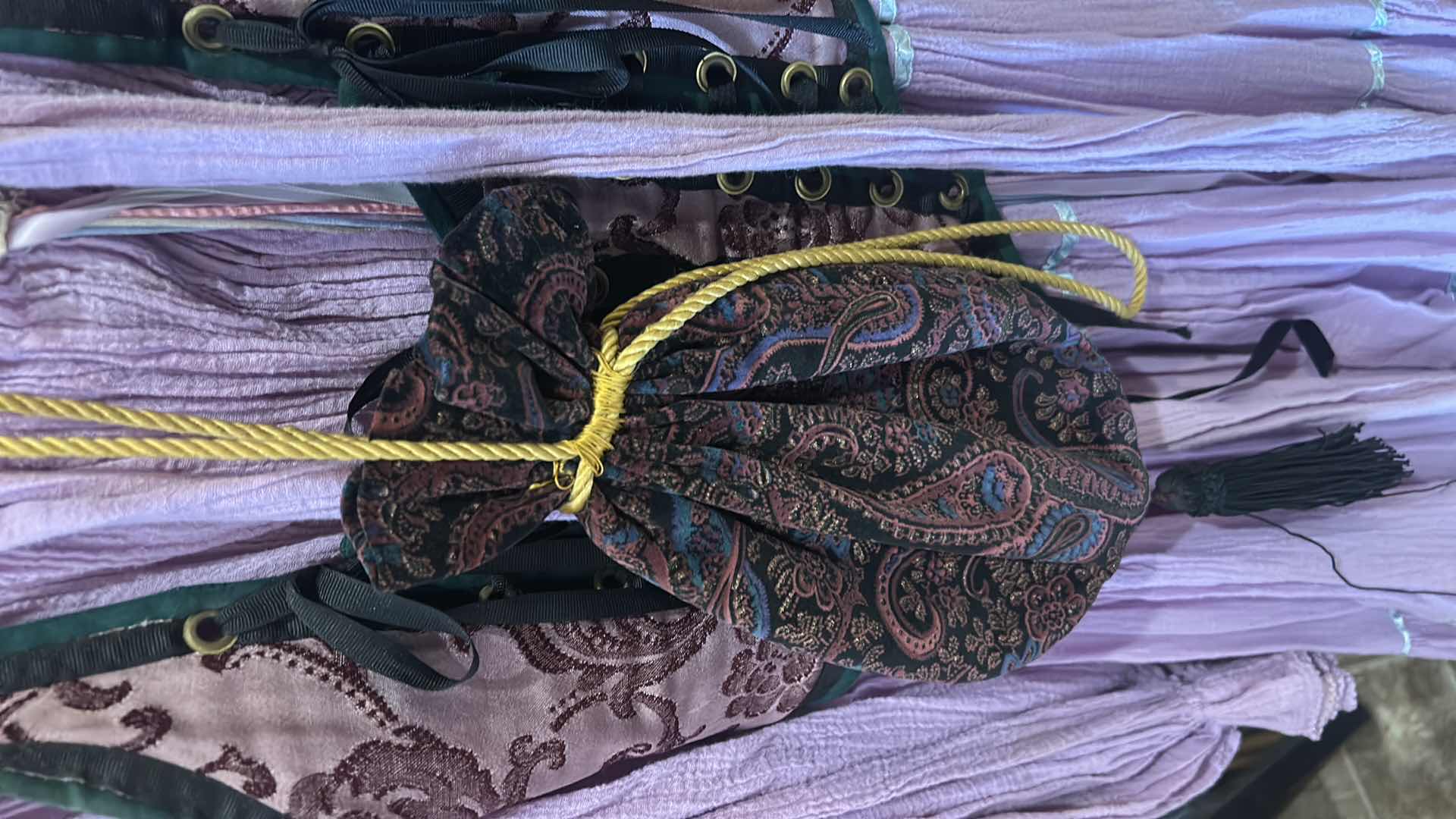 Photo 1 of LAVENDER GAUZE BOHEMIAN DRESS WITH CORSET AND BAG, CAPE AND PEACOCK FEATHER HAND FAN