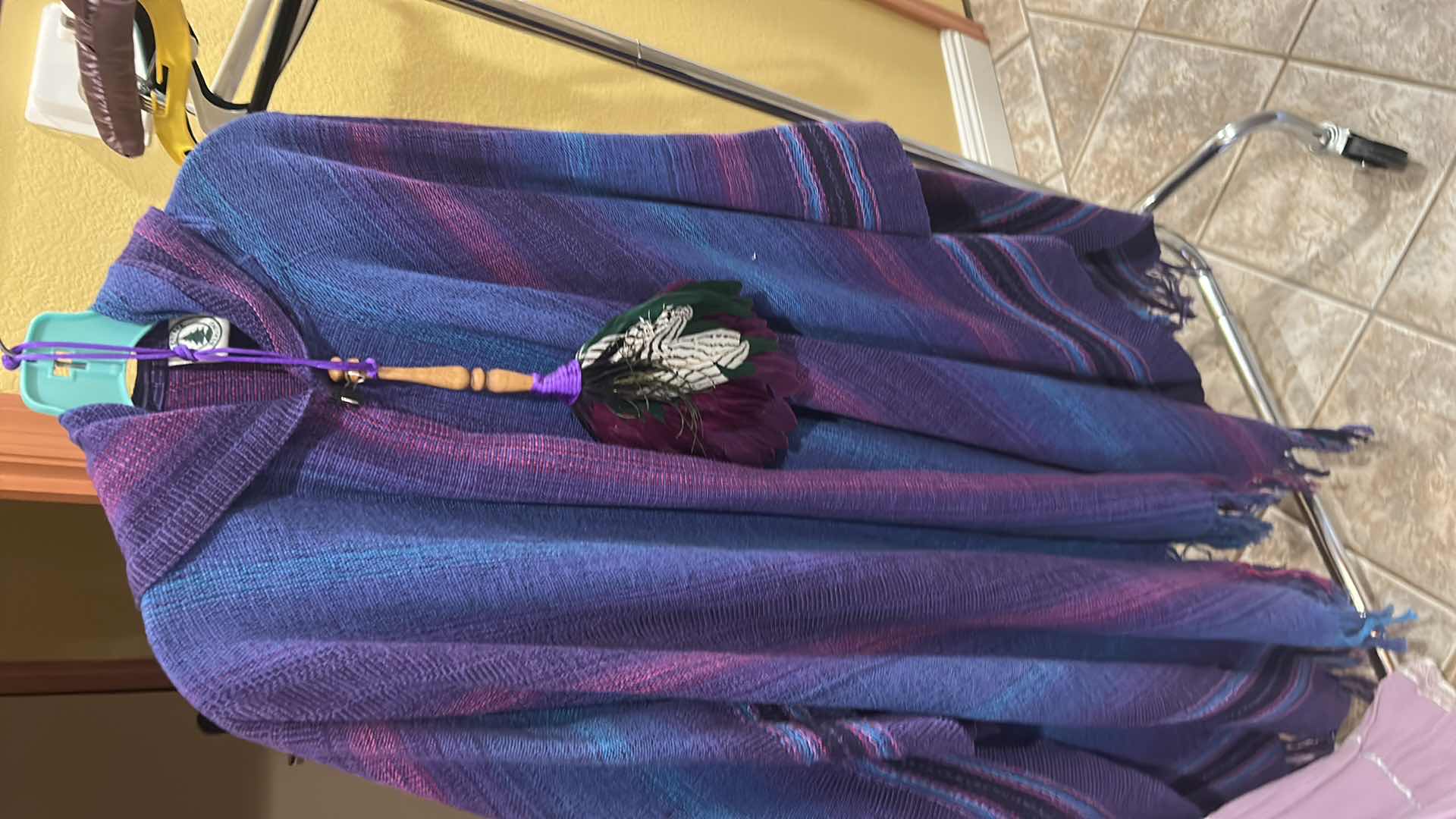 Photo 1 of LAVENDER GAUZE BOHEMIAN DRESS WITH CORSET AND BAG, CAPE AND PEACOCK FEATHER HAND FAN