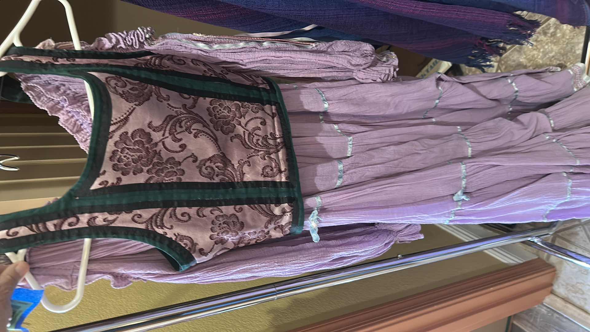 Photo 1 of LAVENDER GAUZE BOHEMIAN DRESS WITH CORSET AND BAG, CAPE AND PEACOCK FEATHER HAND FAN