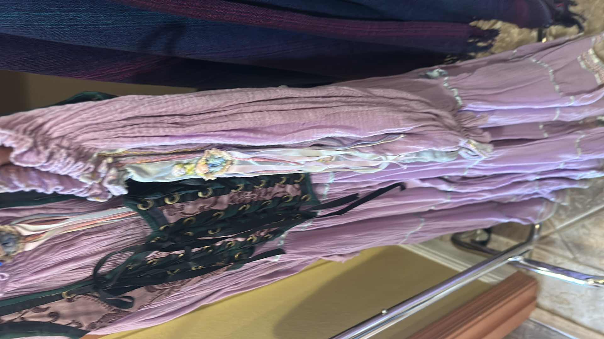 Photo 1 of LAVENDER GAUZE BOHEMIAN DRESS WITH CORSET AND BAG, CAPE AND PEACOCK FEATHER HAND FAN