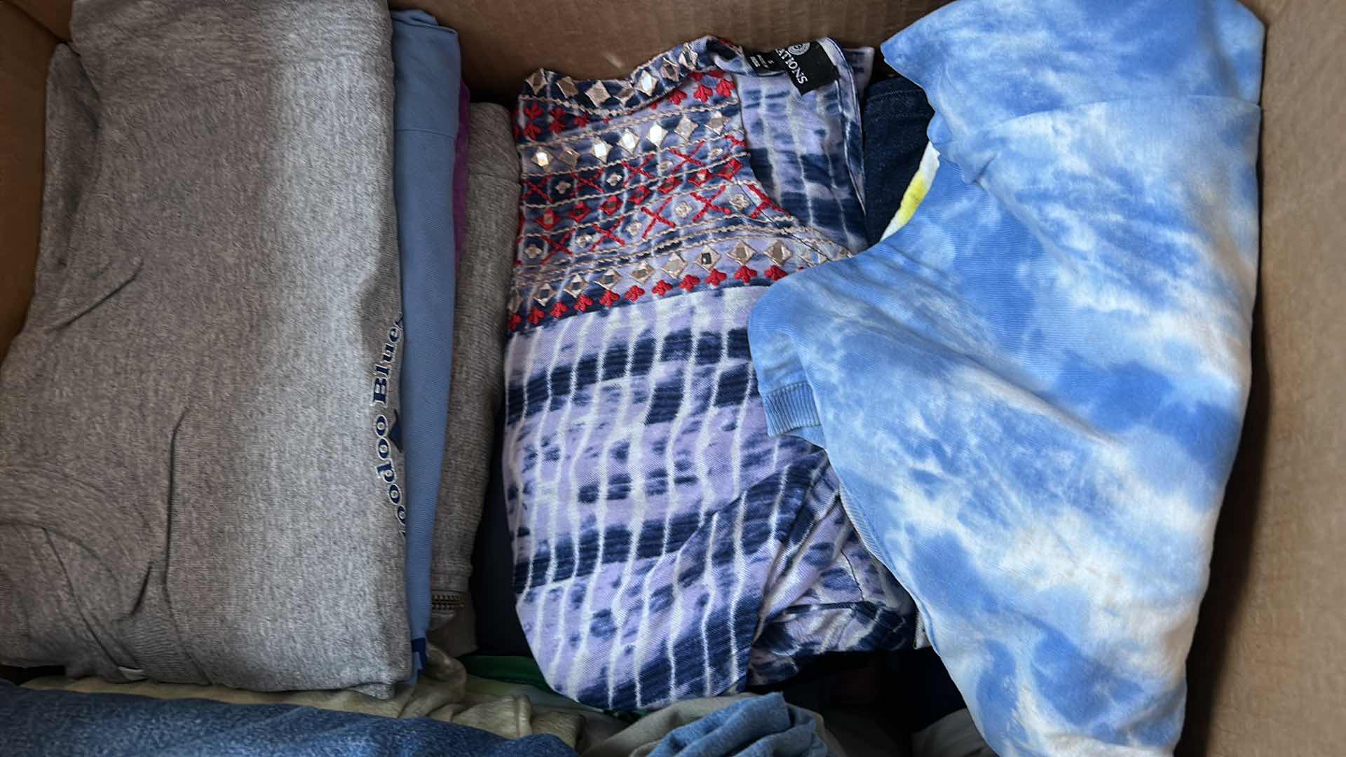 Photo 1 of BOX OF WOMENS CLOTHING, BLOUSES,  SHIRTS  AND PANTS  (ASSORTED SIZES)