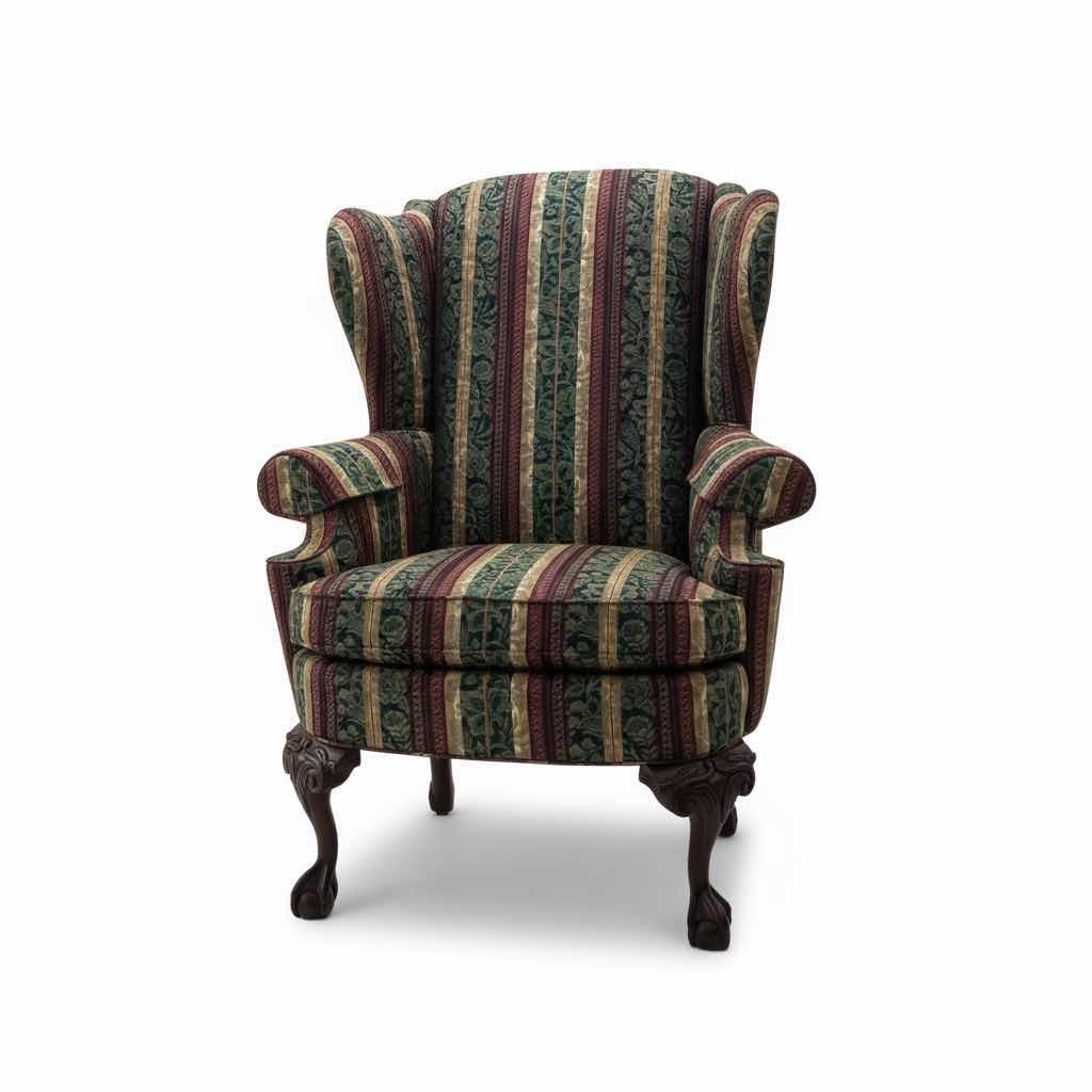Photo 1 of THOMASVILLE UPHOLSTERED TRADITIONAL WINGBACK CHAIR WITH CARVED WOODEN LEGS 38” X 27” X H47”