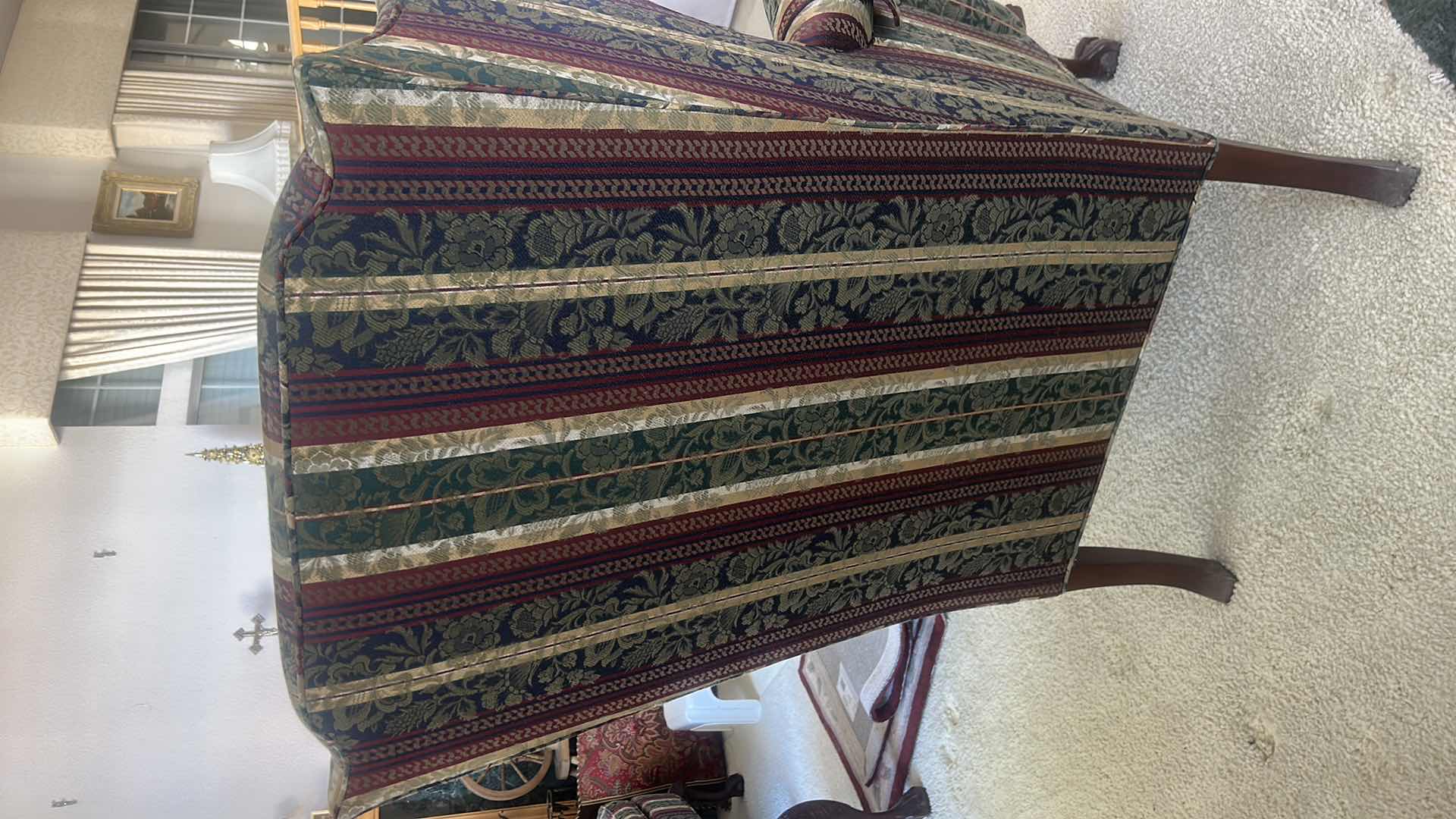 Photo 1 of THOMASVILLE UPHOLSTERED TRADITIONAL WINGBACK CHAIR WITH CARVED WOODEN LEGS 38” X 27” X H47”