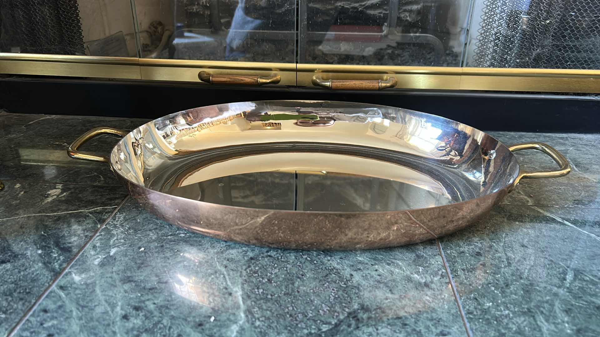 Photo 1 of 2 COPPER AND STAINLESS STEEL OVAL SERVING DISHES WITH BRASS HANDLES (LARGEST 19.5”)