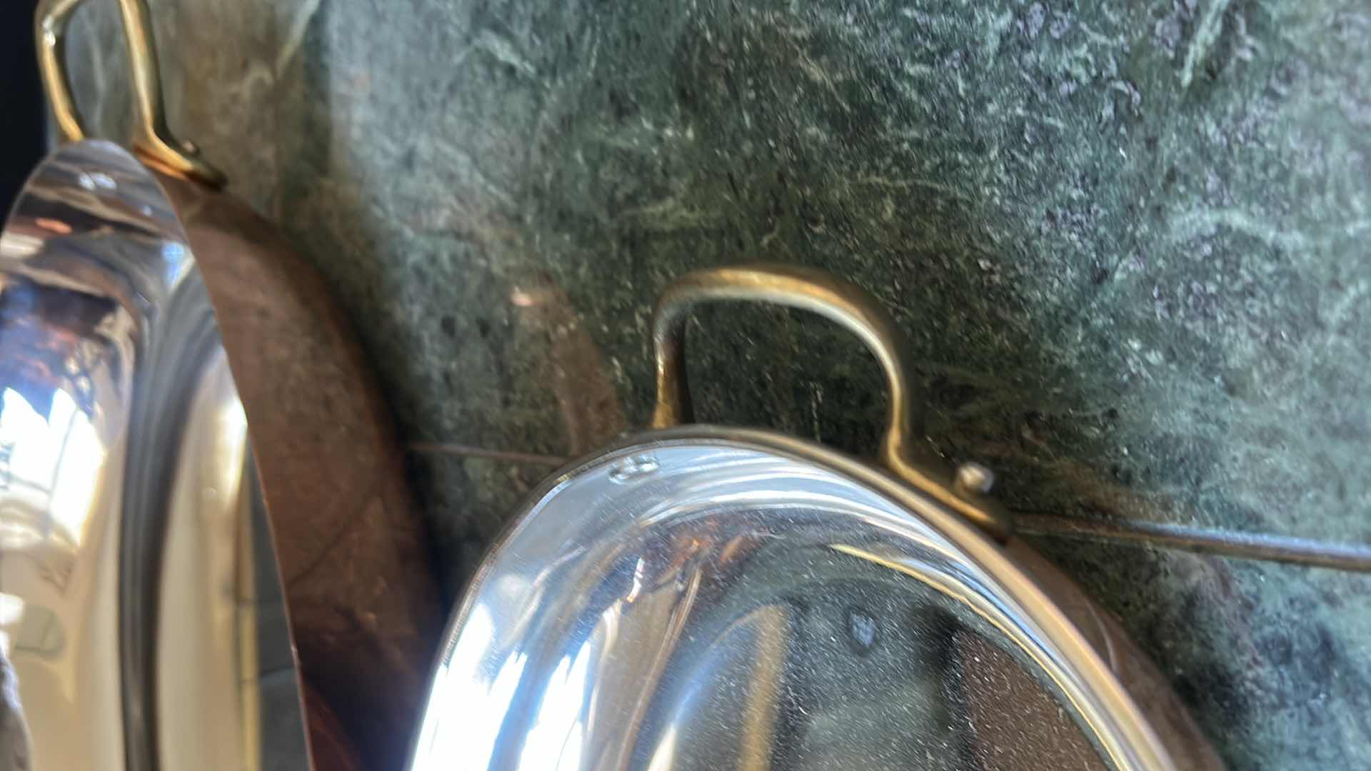 Photo 1 of 2 COPPER AND STAINLESS STEEL OVAL SERVING DISHES WITH BRASS HANDLES (LARGEST 19.5”)