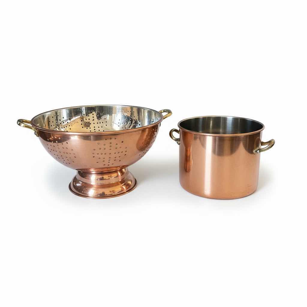 Photo 1 of 2 / COPPER AND STAINLESS STEEL COLANDER AND STOCK POT  WITH BRASS HANDLES (LARGEST 19.5”)