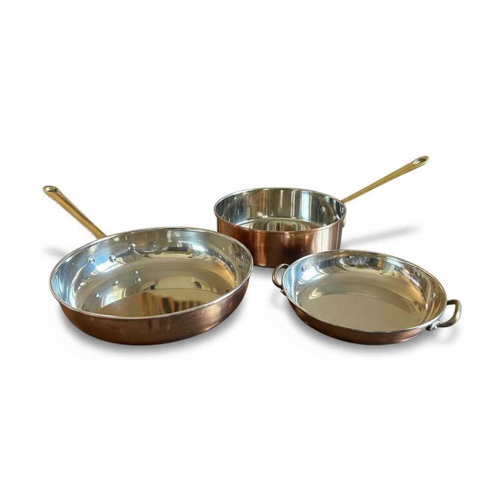 Photo 1 of 3 COPPER AND STAINLESS STEEL  SKILLETS AND PAN WITH BRASS HANDLES