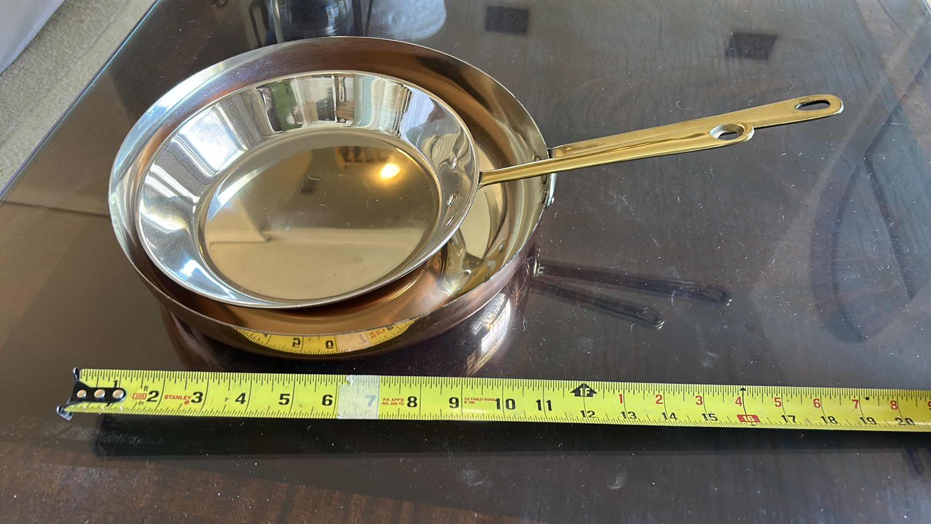 Photo 1 of 2 COPPER AND STAINLESS STEEL SKILLETS WITH BRASS HANDLES