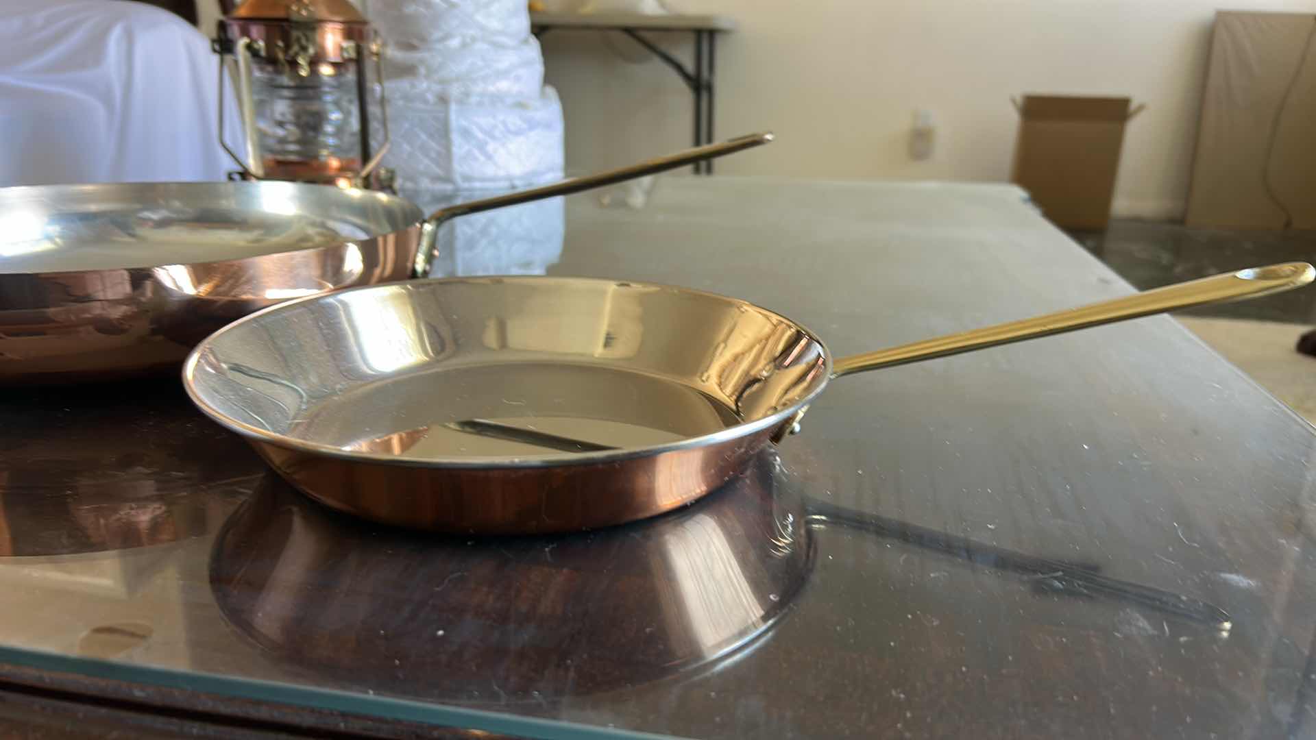 Photo 1 of 2 COPPER AND STAINLESS STEEL SKILLETS WITH BRASS HANDLES