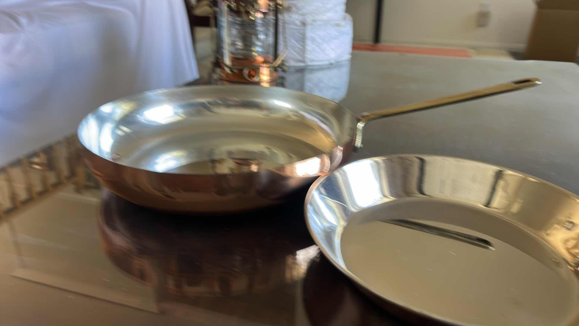 Photo 1 of 2 COPPER AND STAINLESS STEEL SKILLETS WITH BRASS HANDLES