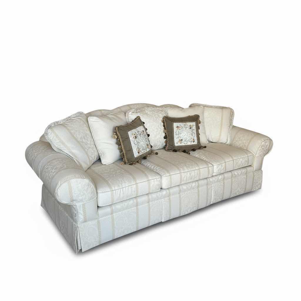 Photo 1 of 8’ THOMASVILLE UPHOLSTERED 0FFWHITE PATTERNED SOFA W ROLLED ARMS