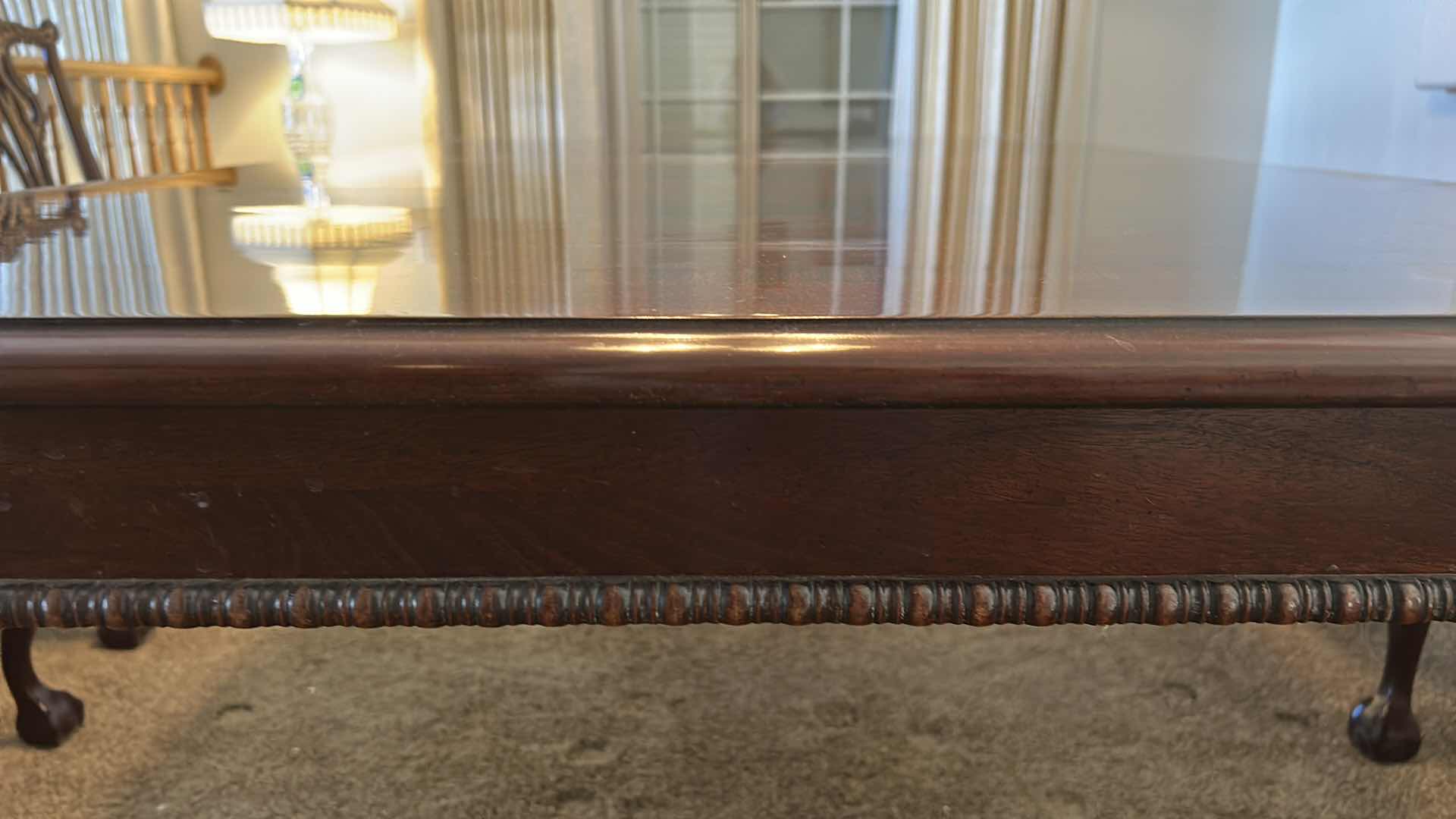 Photo 1 of THOMASVILLE  MAHOGANY TRADITIONAL STYLE DINING TABLE 45” X 76” X H30” plus 2 - 20” LEAFS & PADDING PROTECTION FELT LINED TOPPER