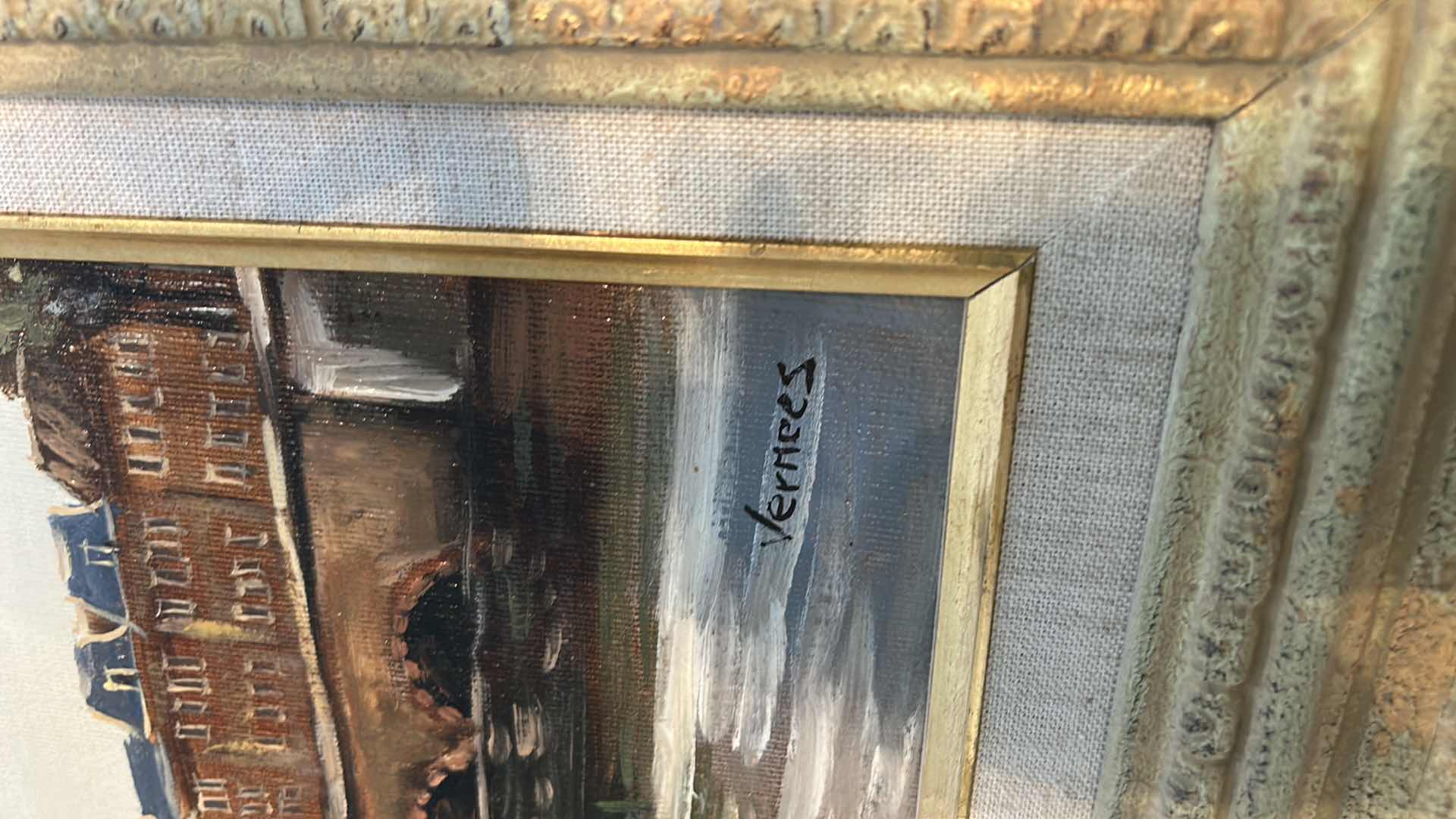 Photo 1 of ORNATELY WOOD AND RESIN FRAMED,  "VERMEES DUTCH TOWN RIVER” SIGNED OIL ON CANVAS, ARTWORK 15 1/2” x H17 1/2”