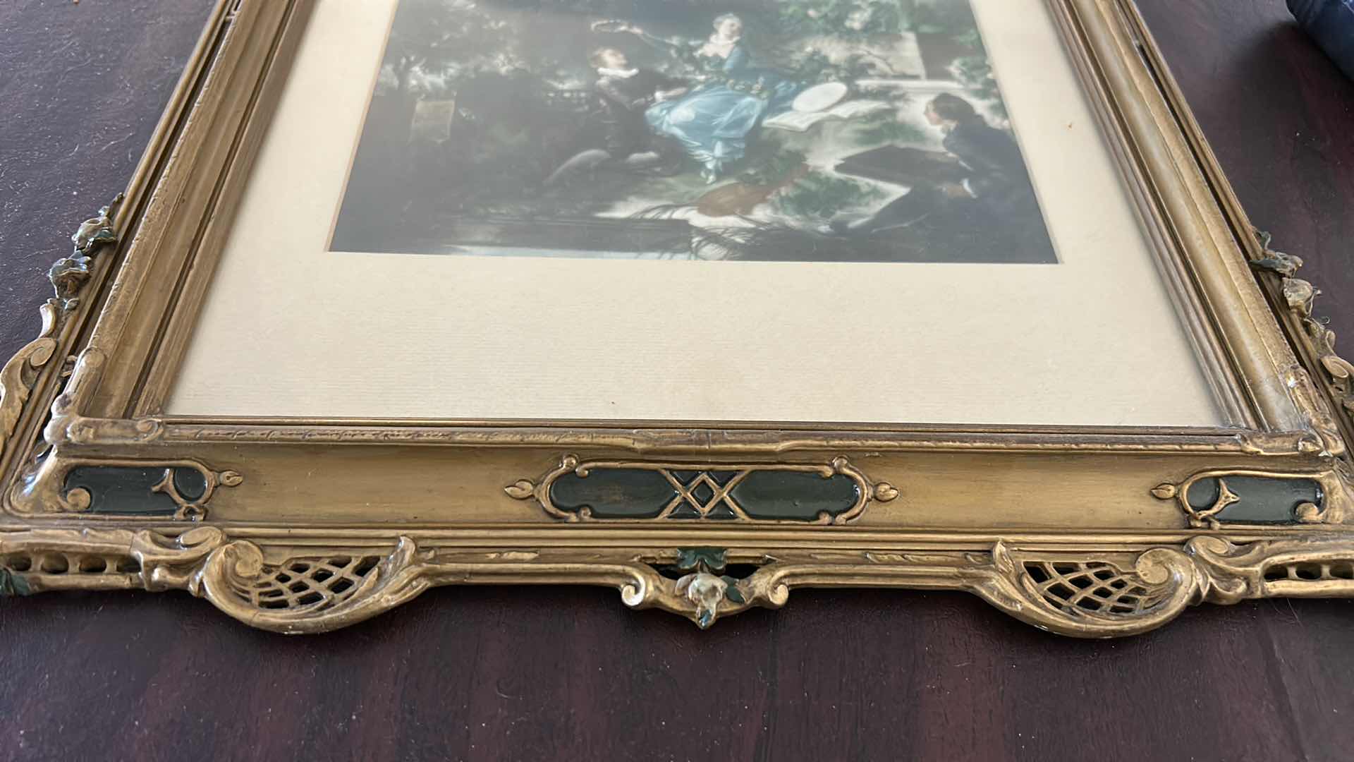 Photo 1 of ANTIQUE INTRICATE GESSO OVER WOOD FRAMED, “PROGRESS OF LOVE: “
THE MEETING”
BY JEAN-HONORE FRAGONARD ARTWORK 15 1/2“ x H 24“