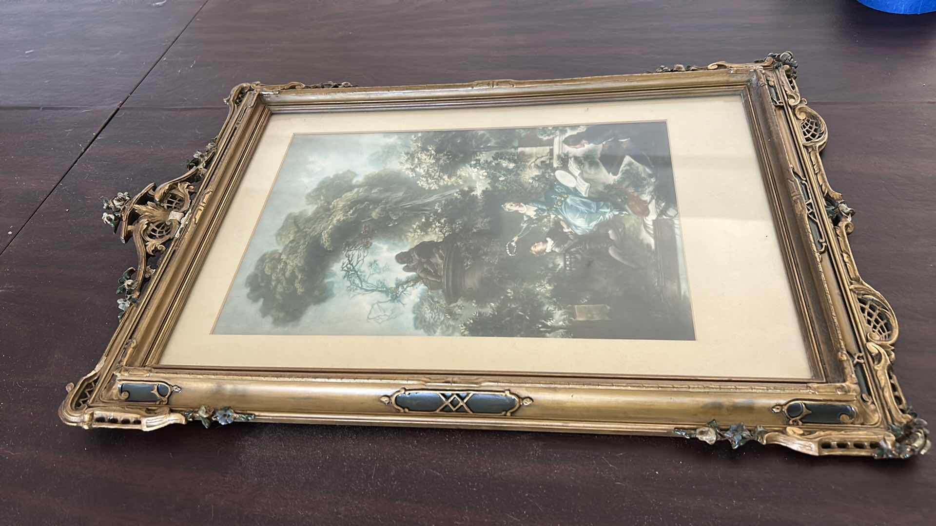 Photo 1 of ANTIQUE INTRICATE GESSO OVER WOOD FRAMED, “PROGRESS OF LOVE: “
THE MEETING”
BY JEAN-HONORE FRAGONARD ARTWORK 15 1/2“ x H 24“