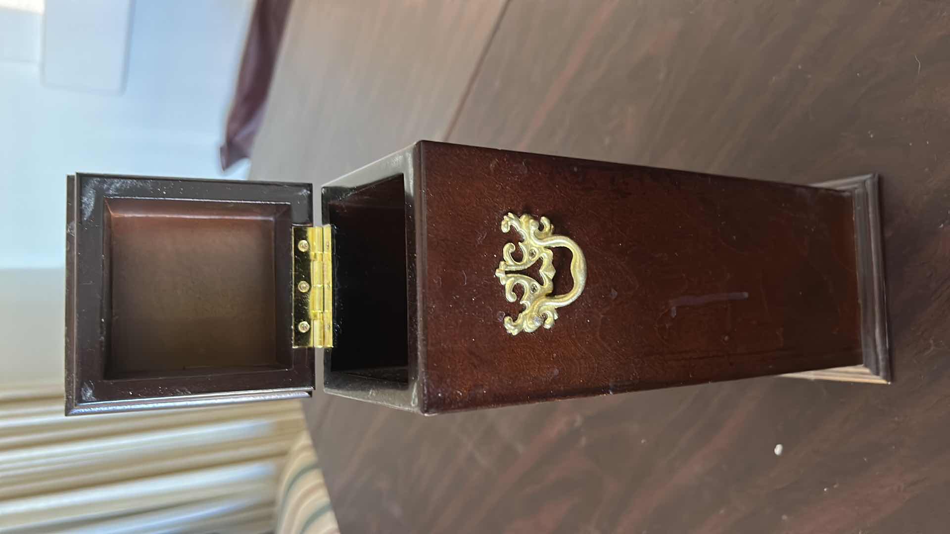 Photo 1 of 3 - HOME DECOR PIECES, TALL MATCHSTICK BOX, METAL AND WICKER WALL MOUNTED ORGANIZER AND CARVED WOOD SHELF WITH DRAWERS 18“ x 7“ x H11“