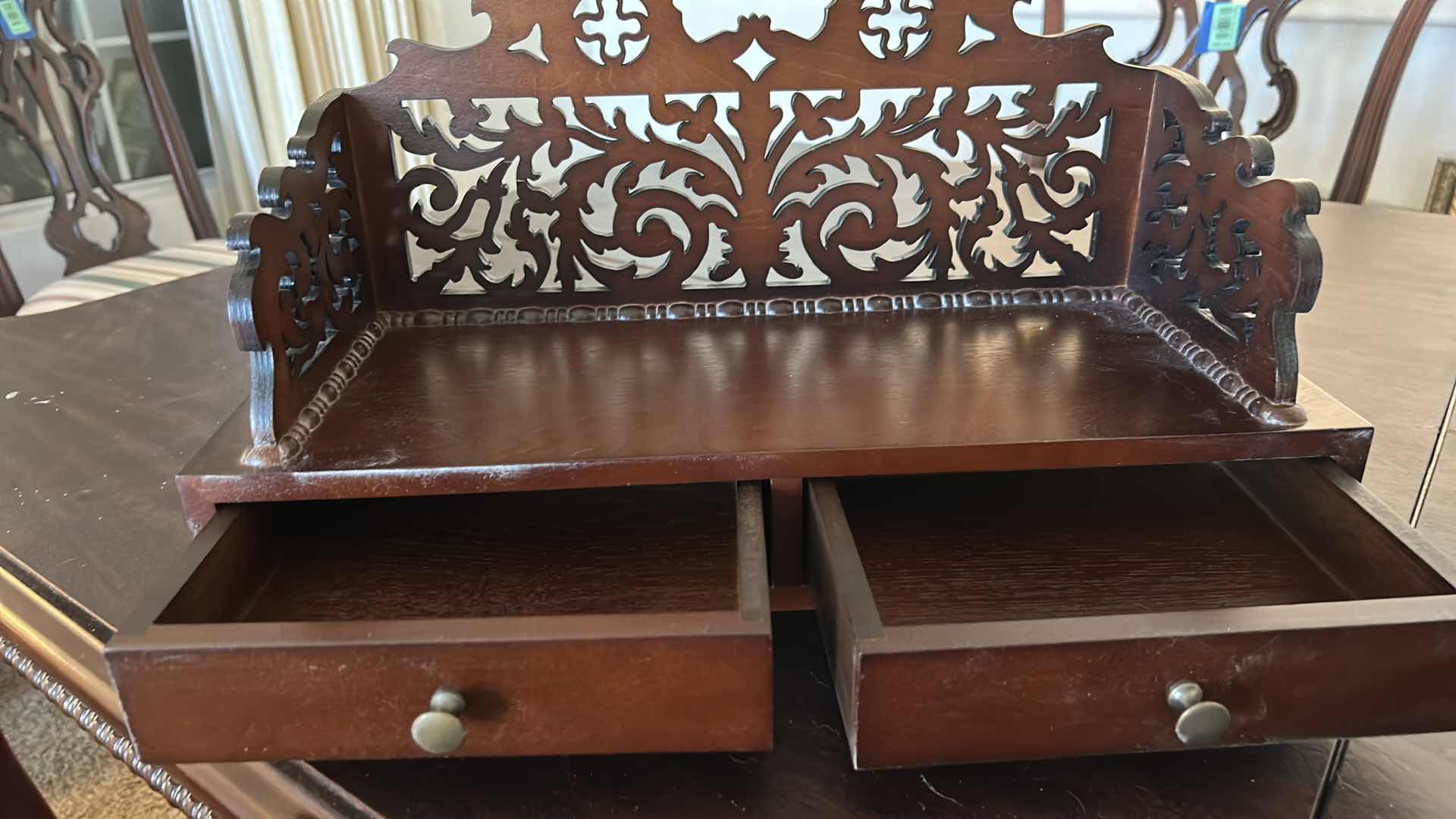 Photo 1 of 3 - HOME DECOR PIECES, TALL MATCHSTICK BOX, METAL AND WICKER WALL MOUNTED ORGANIZER AND CARVED WOOD SHELF WITH DRAWERS 18“ x 7“ x H11“