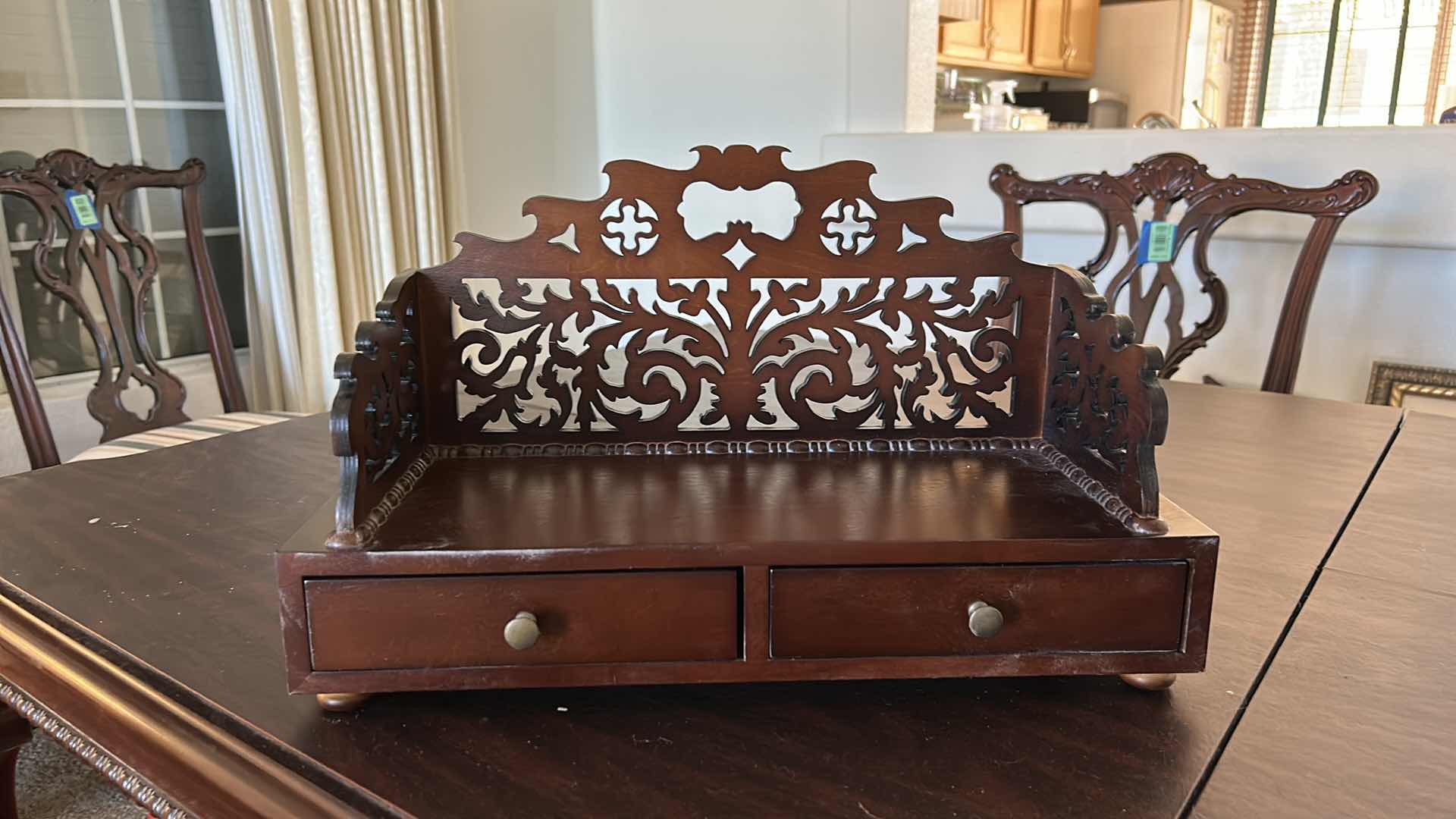 Photo 1 of 3 - HOME DECOR PIECES, TALL MATCHSTICK BOX, METAL AND WICKER WALL MOUNTED ORGANIZER AND CARVED WOOD SHELF WITH DRAWERS 18“ x 7“ x H11“