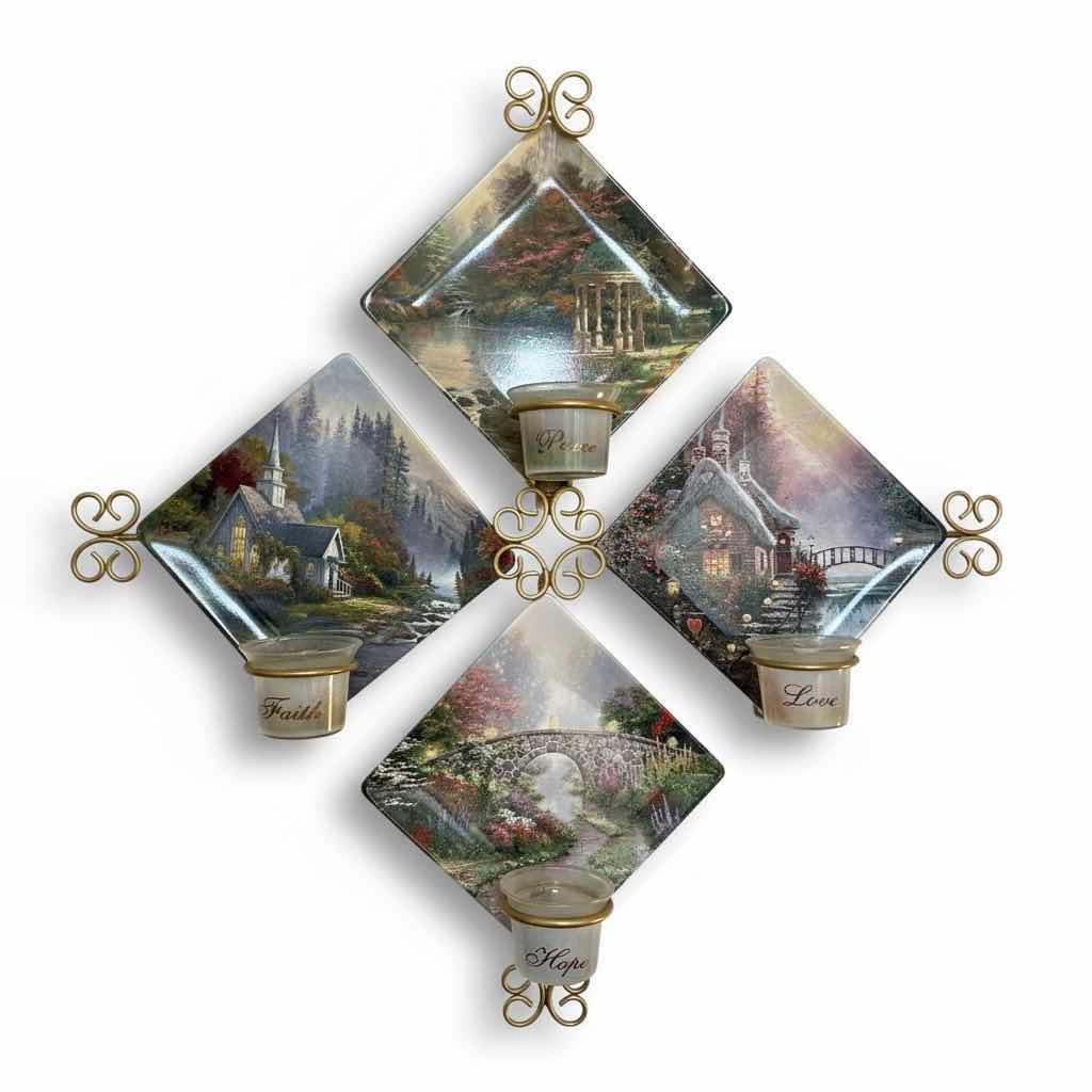 Photo 1 of 4 THOMAS KINKADE NUMBERED PLATES IN GOLD METAL WALL MOUNTED CANDLE HOLDER 21” x 21”