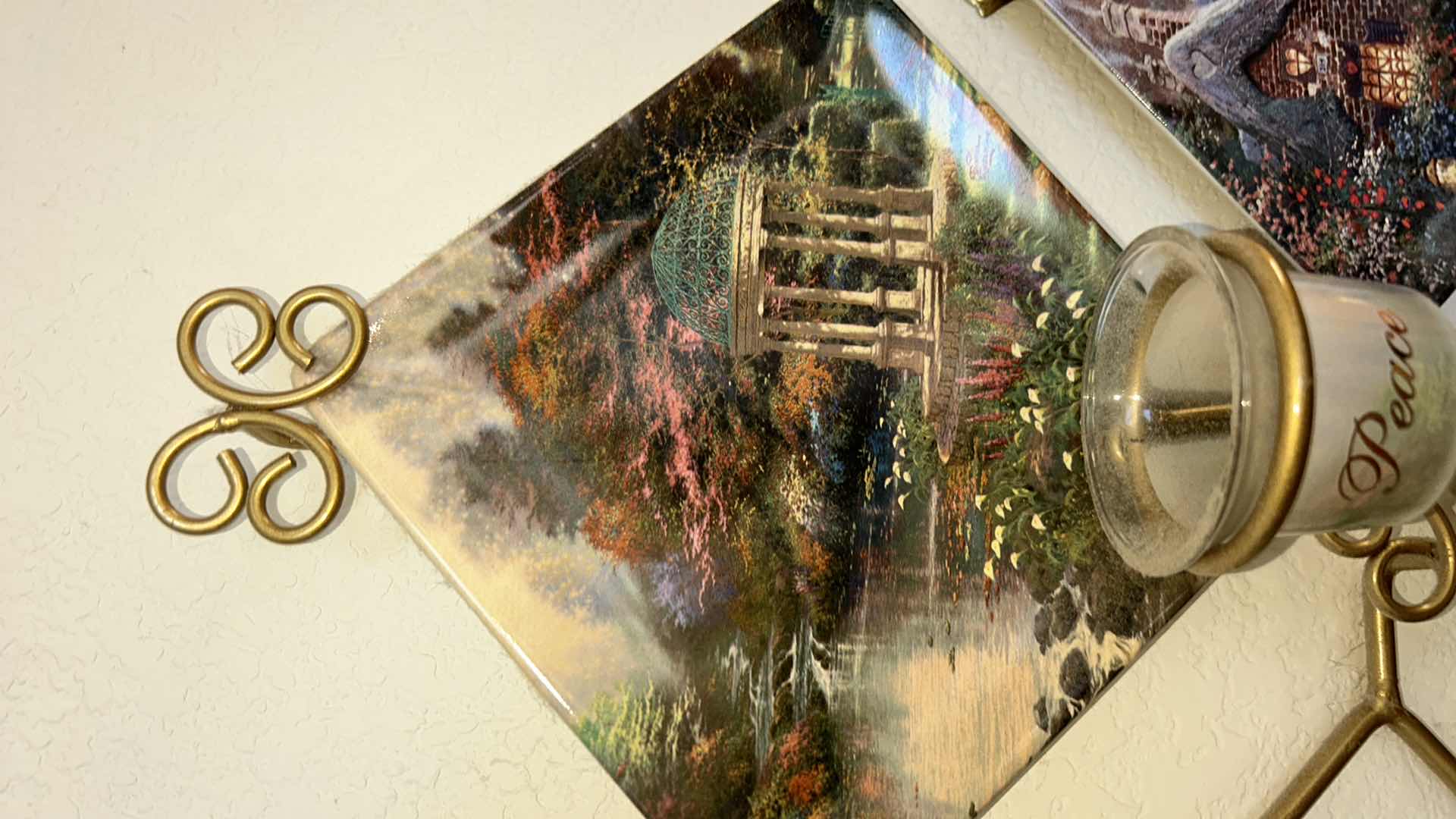 Photo 1 of 4 THOMAS KINKADE NUMBERED PLATES IN GOLD METAL WALL MOUNTED CANDLE HOLDER 21” x 21”