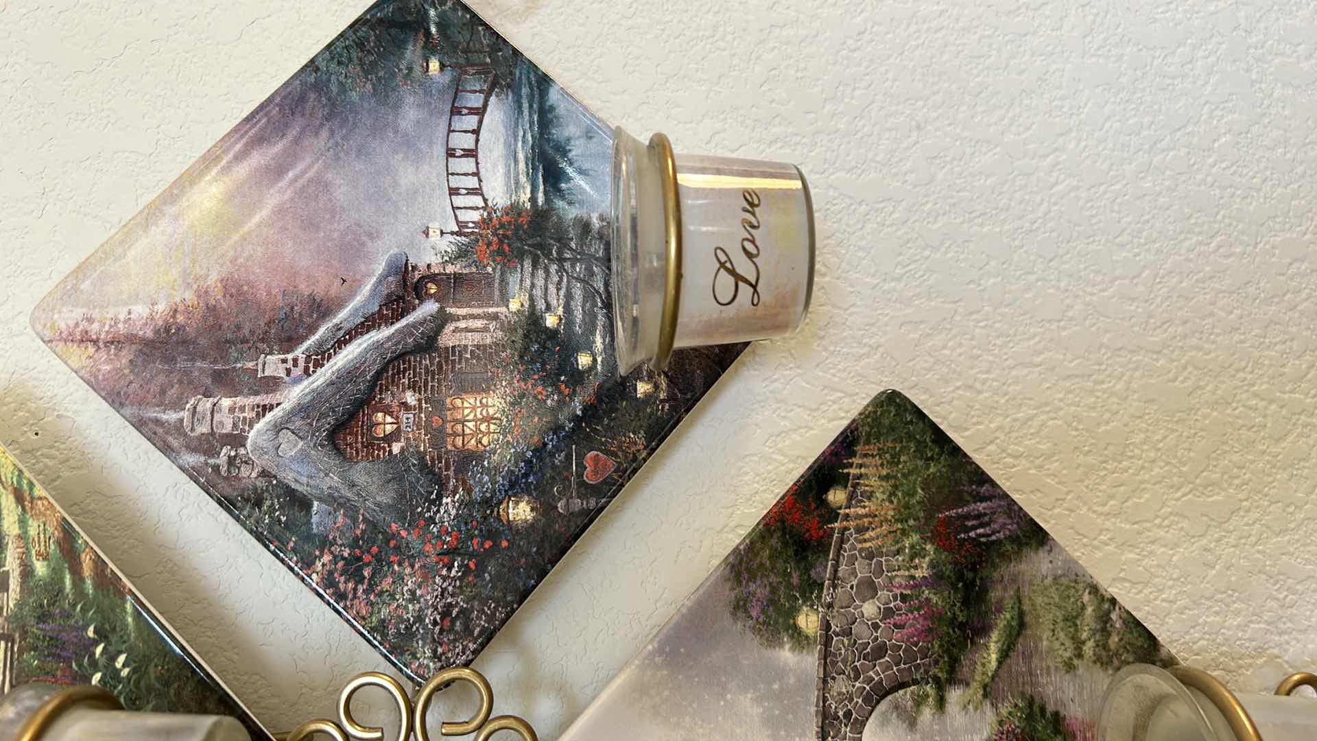 Photo 1 of 4 THOMAS KINKADE NUMBERED PLATES IN GOLD METAL WALL MOUNTED CANDLE HOLDER 21” x 21”