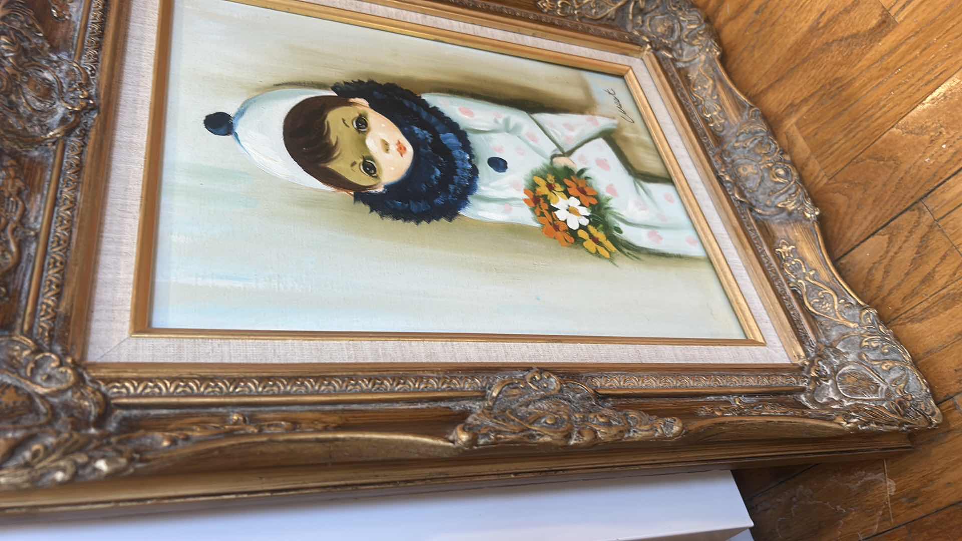 Photo 1 of ORNATELY GOLD WOOD FRAMED OIL ON CANVAS “ HARLEQUIN BOUQUET” BY WEST, ARTWORK 18 1/2
23 inches