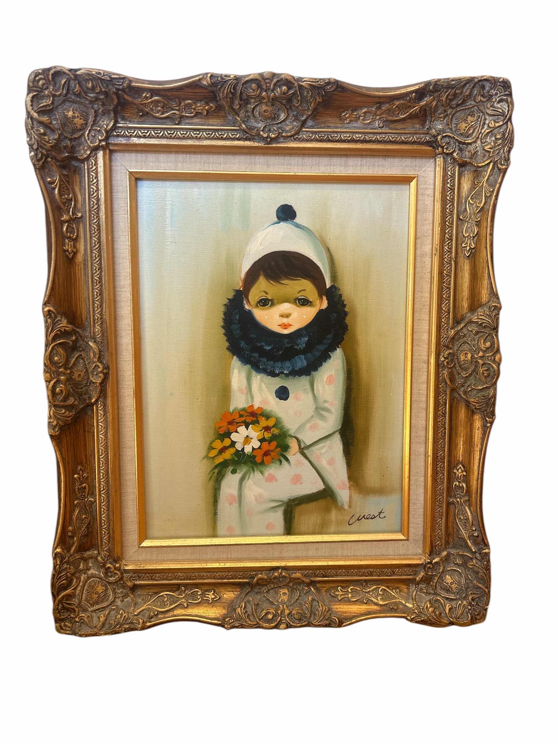 Photo 1 of ORNATELY GOLD WOOD FRAMED OIL ON CANVAS “ HARLEQUIN BOUQUET” BY WEST, ARTWORK 18 1/2
23 inches